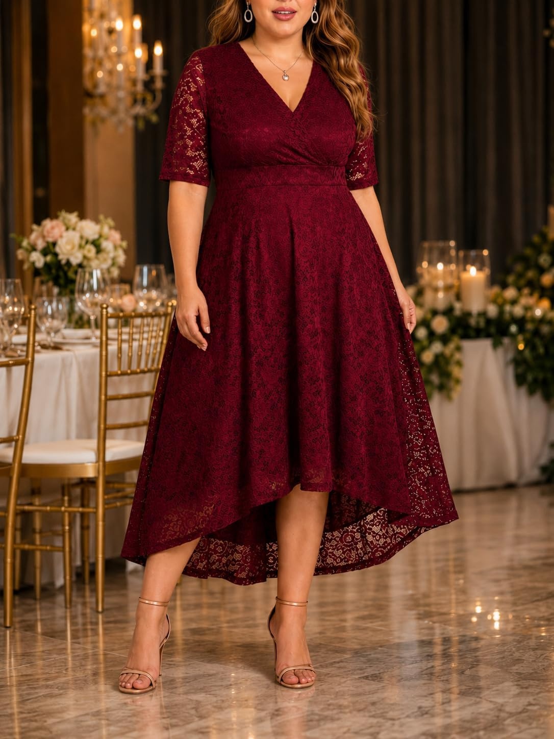 Plus Size Wedding Guest Dress – Lace Cocktail Formal Faux Wrap V Neck High Low Short Sleeve Party Maxi Dresses(Burgundy)