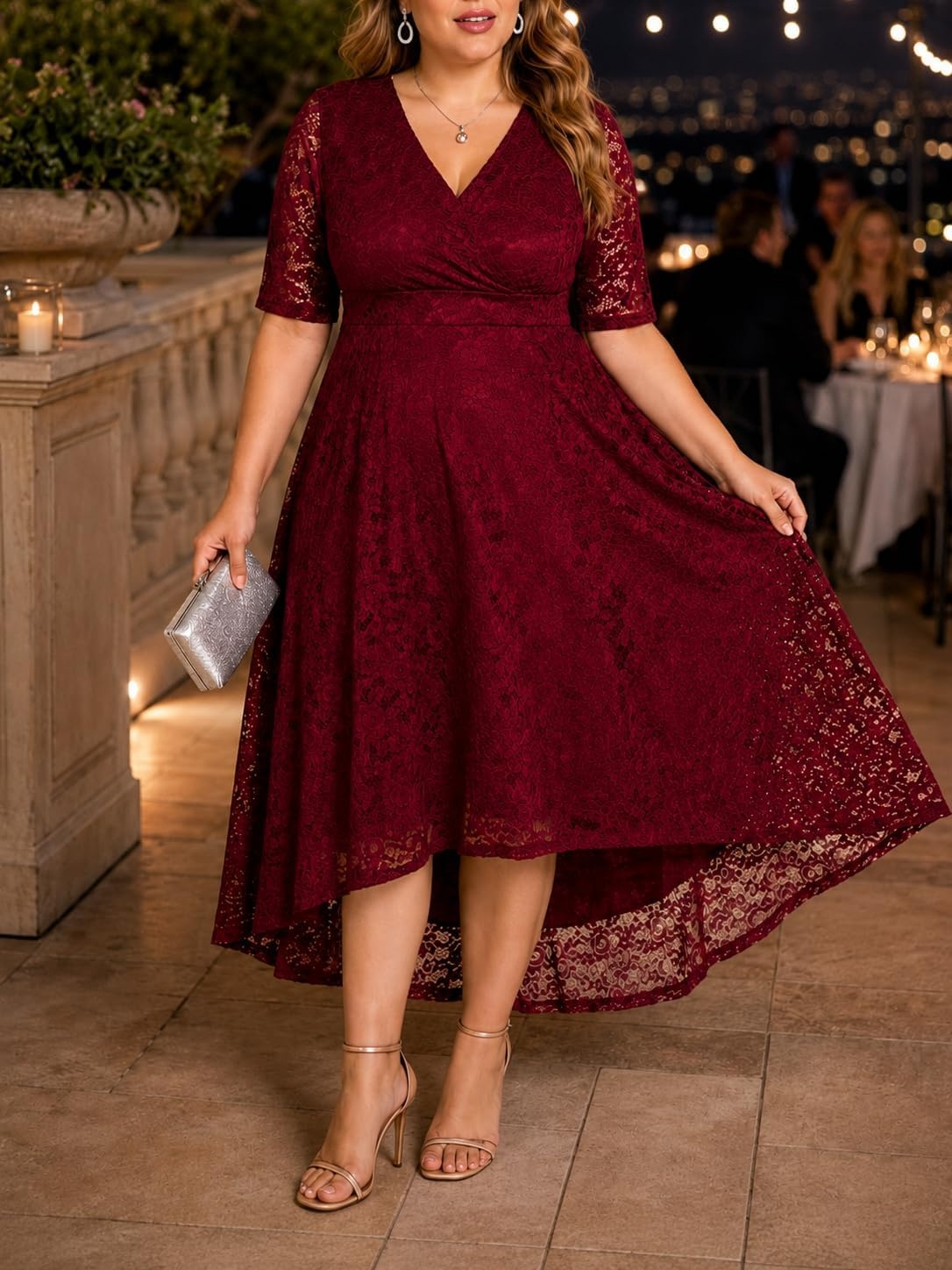 Plus Size Wedding Guest Dress – Lace Cocktail Formal Faux Wrap V Neck High Low Short Sleeve Party Maxi Dresses(Burgundy)