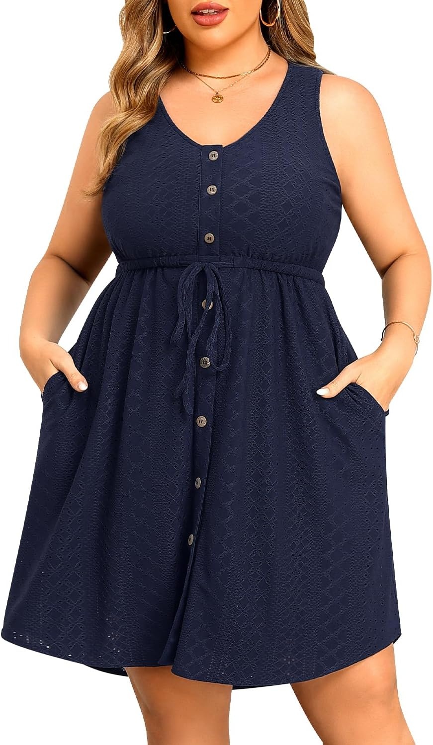 Talisea Plus Size Summer Dresses – Casual Beach Eyelet Sleeveless Tank V Neck Button Down Swing Short Sundress Pockets Women(Navy Blue)
