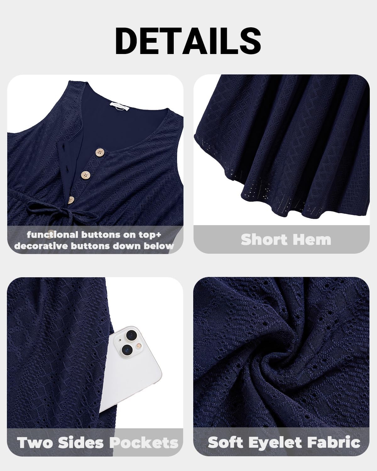 Talisea Plus Size Summer Dresses – Casual Beach Eyelet Sleeveless Tank V Neck Button Down Swing Short Sundress Pockets Women(Navy Blue)