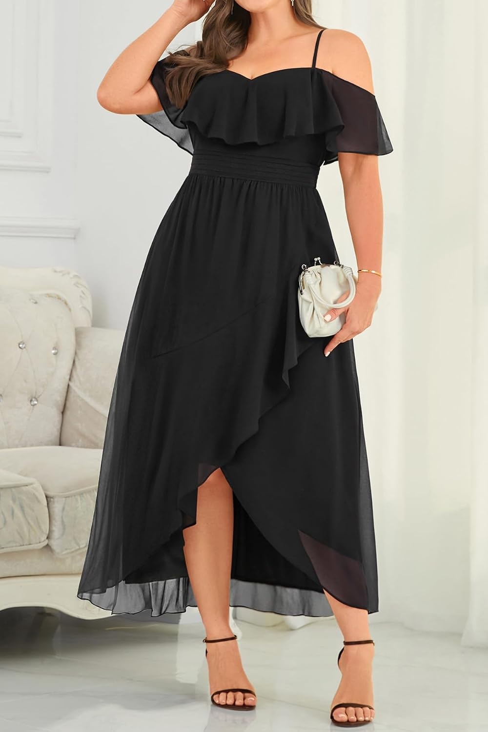 Plus Size Dresses Wedding Guest Formal Off The Shoulder Chiffon Long Dress(Black)