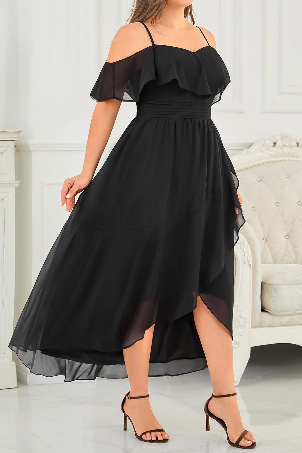 Plus Size Dresses Wedding Guest Formal Off The Shoulder Chiffon Long Dress(Black)