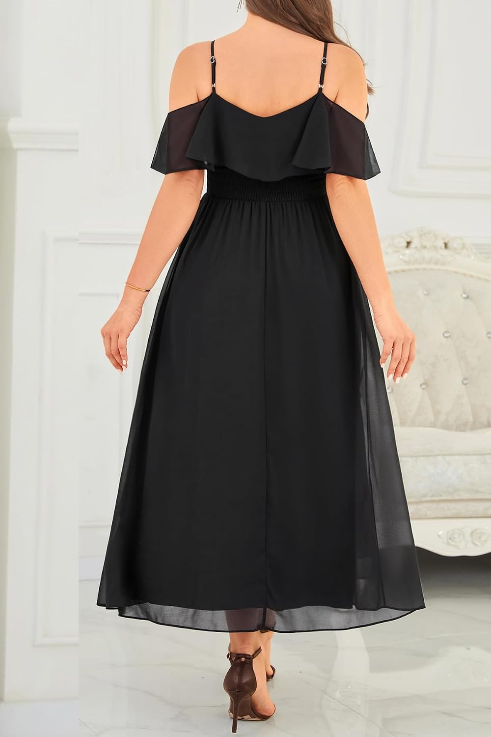 Plus Size Dresses Wedding Guest Formal Off The Shoulder Chiffon Long Dress(Black)