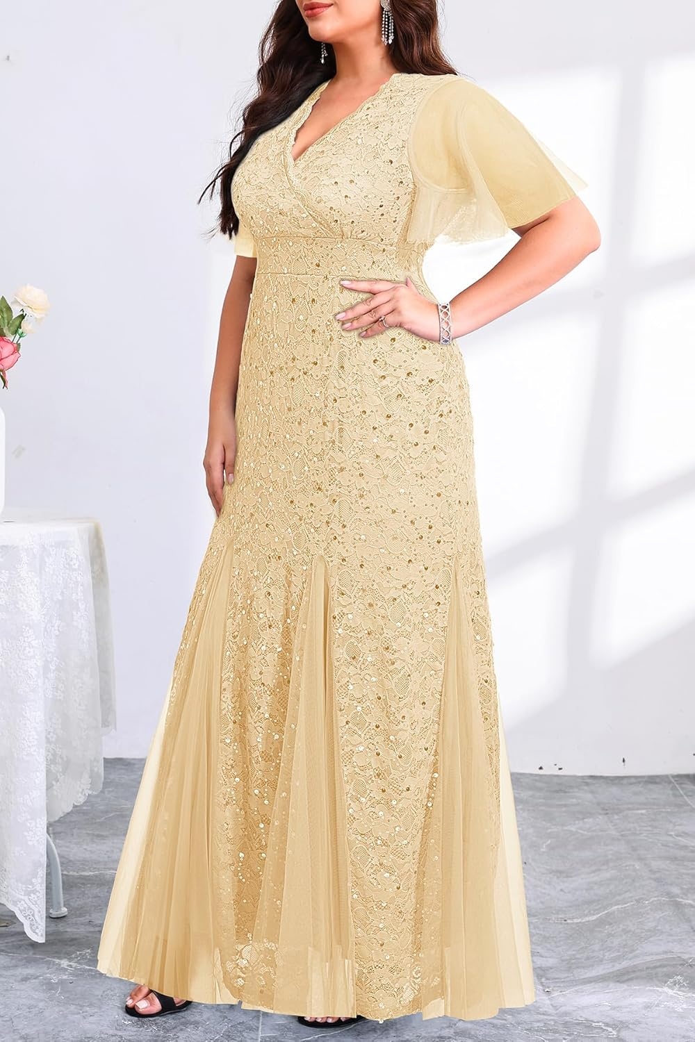 Plus Size Formal Dress – Evening Gowns Wedding Guest Mother of The Bride Sequin Lace Mermaid Tulle Hem Prom Long Dress(Gold)