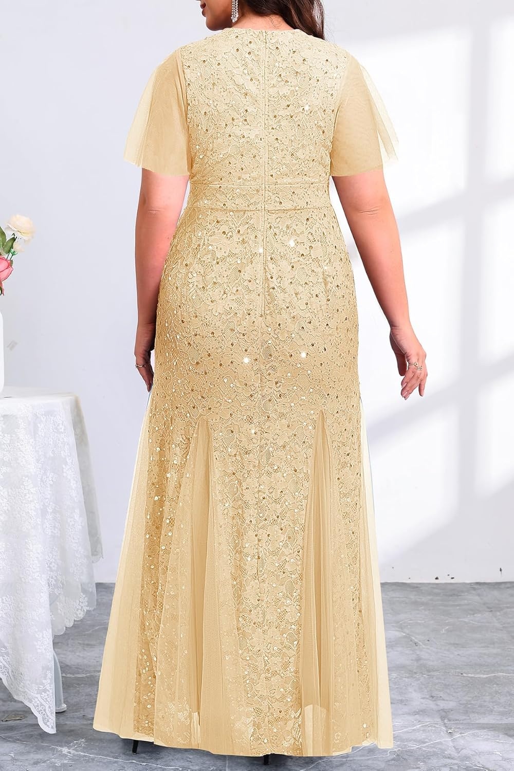 Plus Size Formal Dress – Evening Gowns Wedding Guest Mother of The Bride Sequin Lace Mermaid Tulle Hem Prom Long Dress(Gold)
