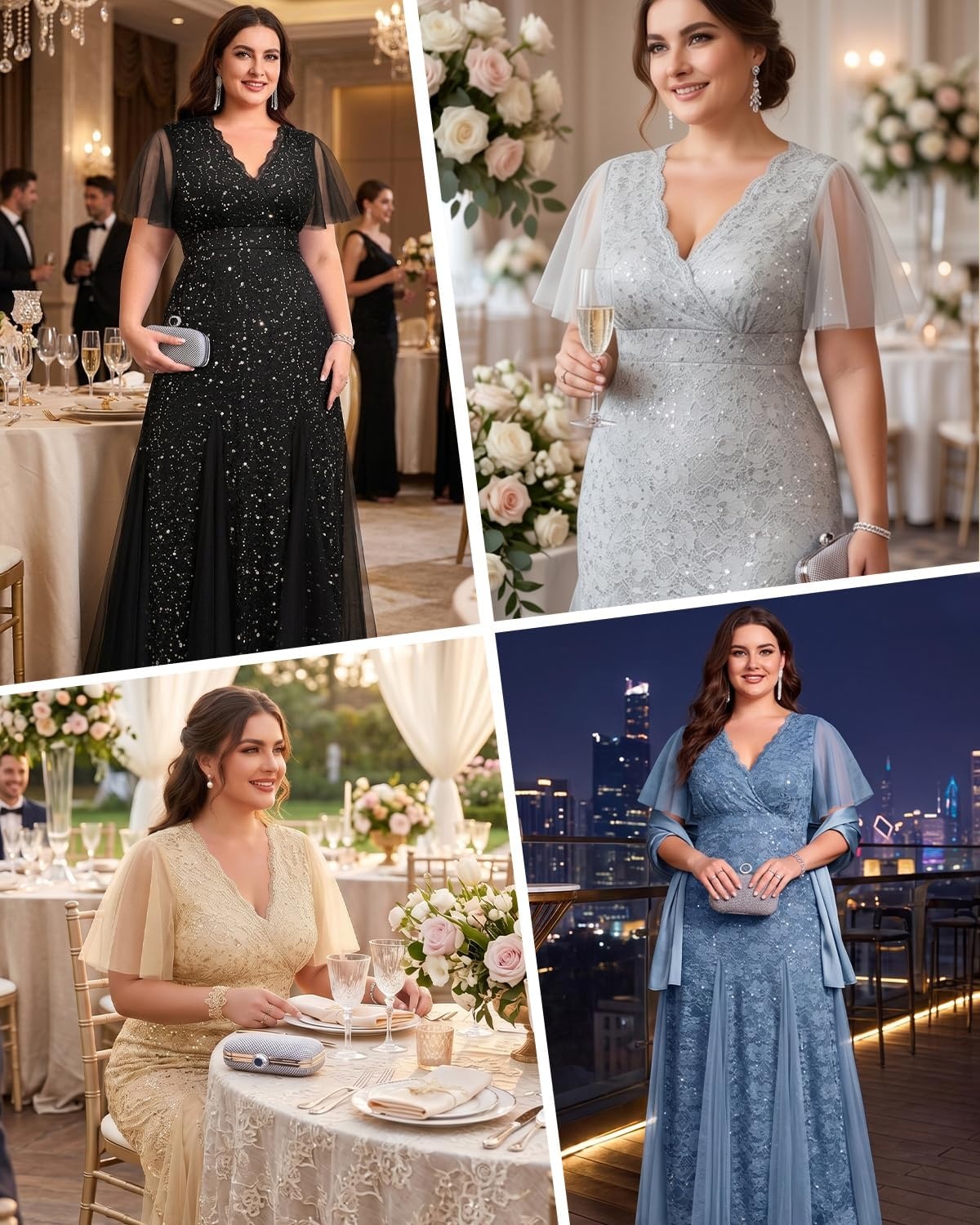 Plus Size Formal Dress – Evening Gowns Wedding Guest Mother of The Bride Sequin Lace Mermaid Tulle Hem Prom Long Dress(Gold)
