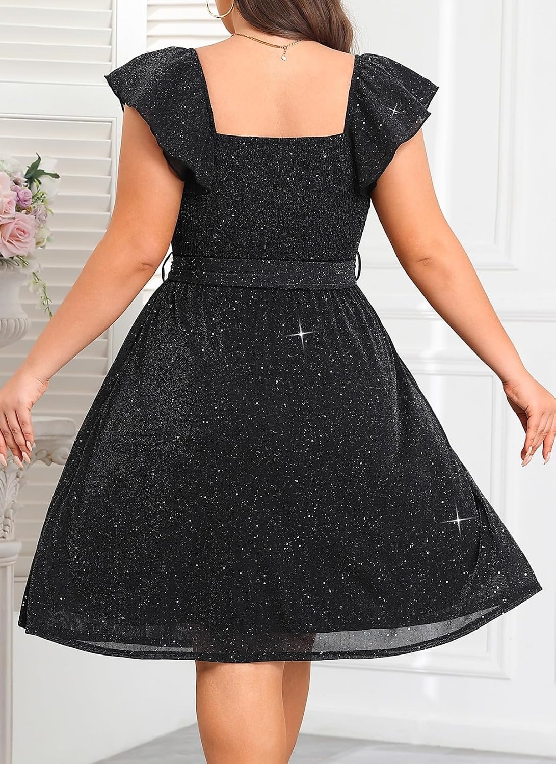 Plus Size Sparkly Cocktail Dress Wrap V Neck Ruffle Sleeve Wedding Guest(Black)