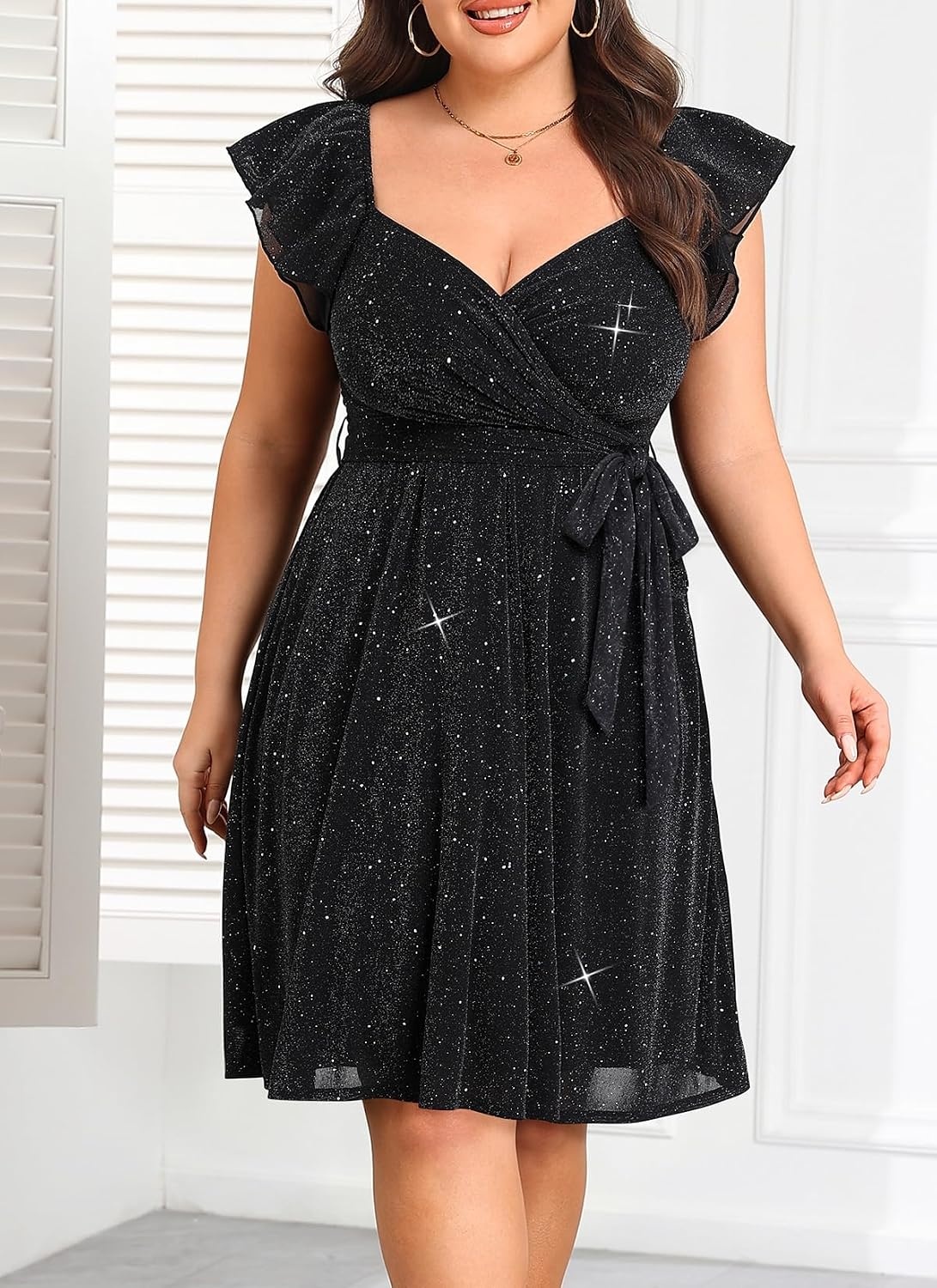 Plus Size Sparkly Cocktail Dress Wrap V Neck Ruffle Sleeve Wedding Guest(Black)