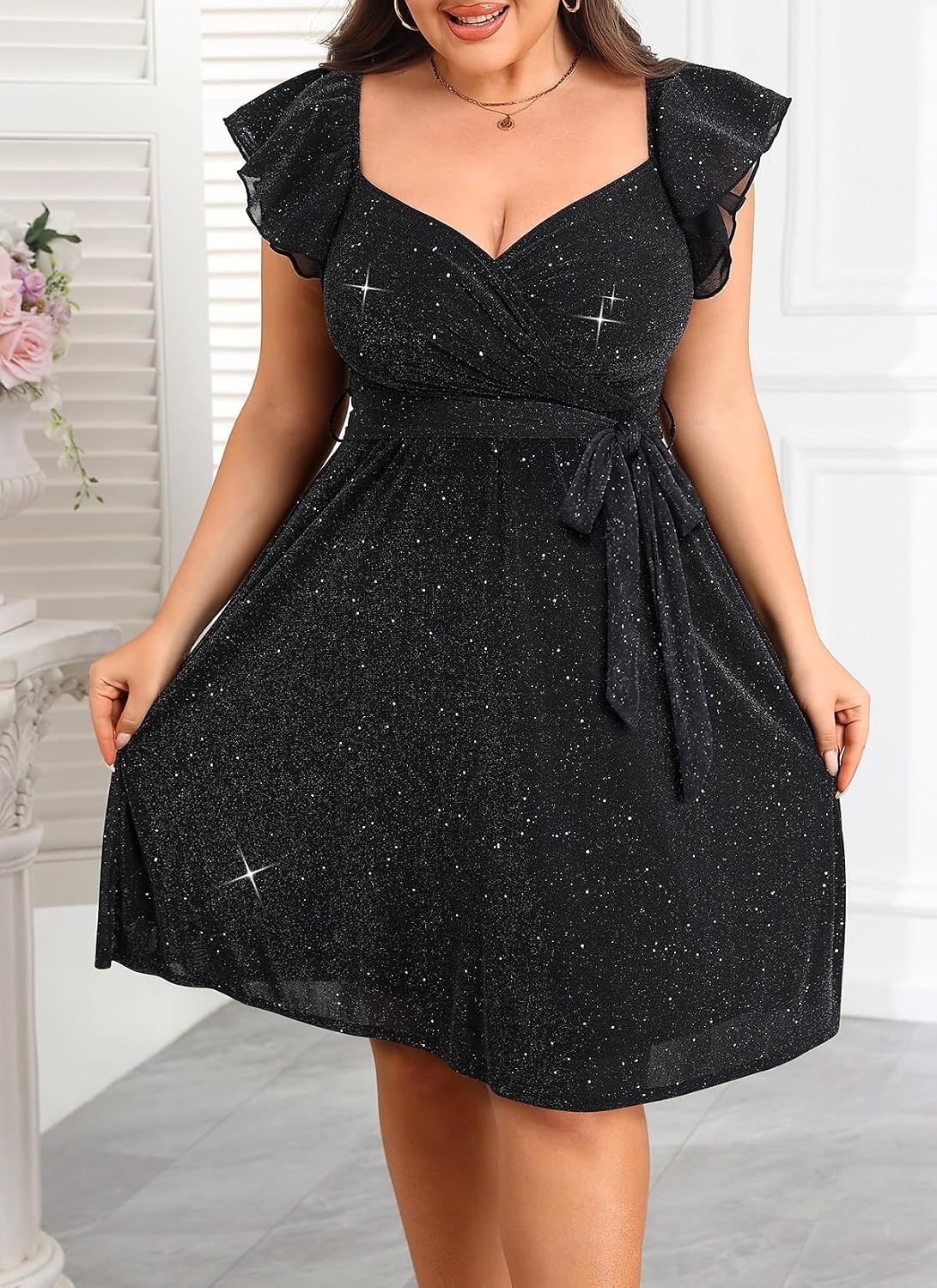 Plus Size Sparkly Cocktail Dress Wrap V Neck Ruffle Sleeve Wedding Guest(Black)