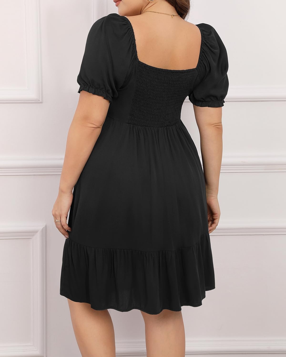 Talisea Plus Size Sweetheart Neck Puff Short Sleeve Babydoll Summer Dress(Black)