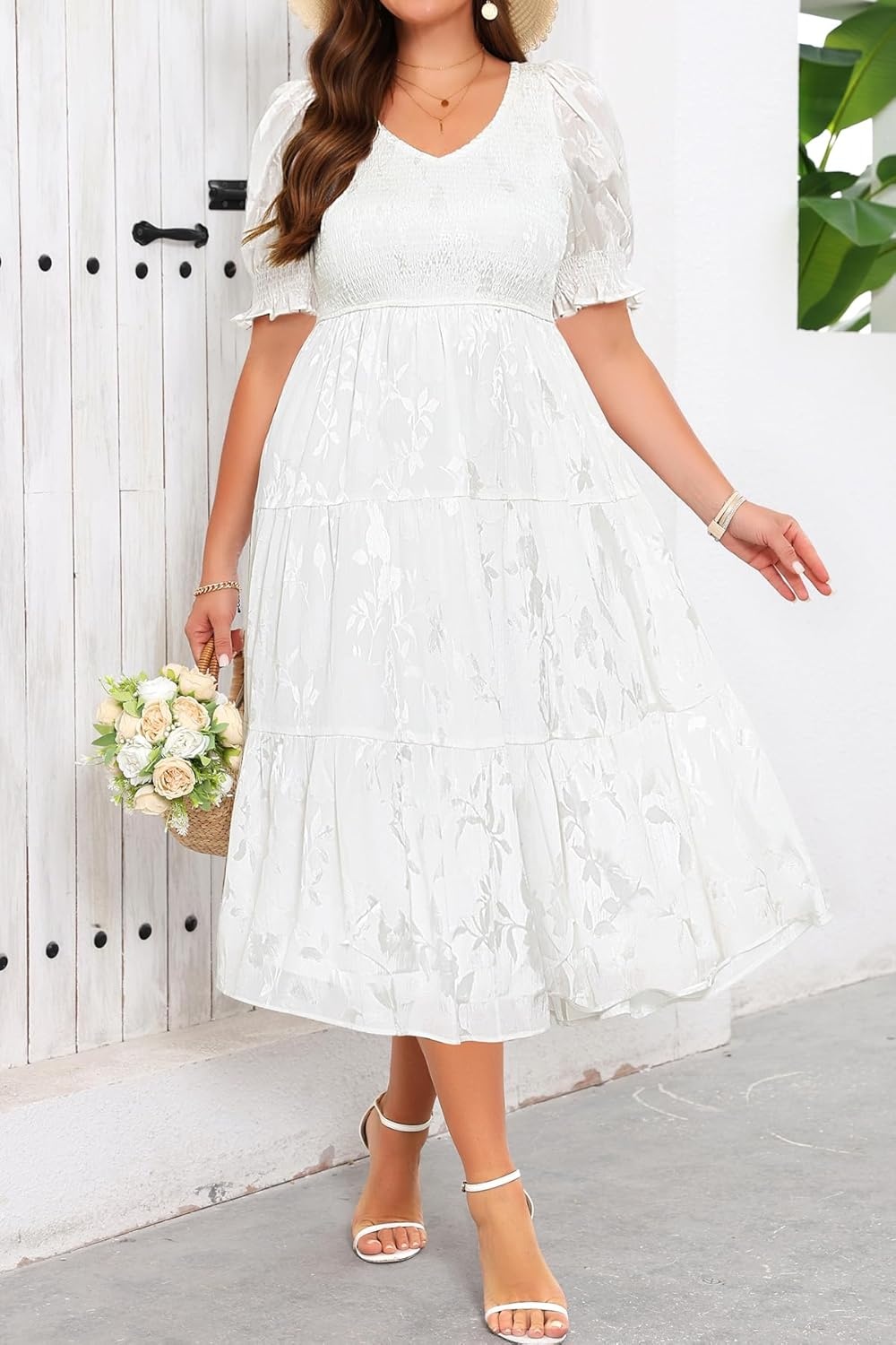 Plus Size Wedding Guest Dress – V Neck Floral Smocked Puff Sleeve Summer Fall A Line Tiered Flowy Midi Dresses 2025(White)