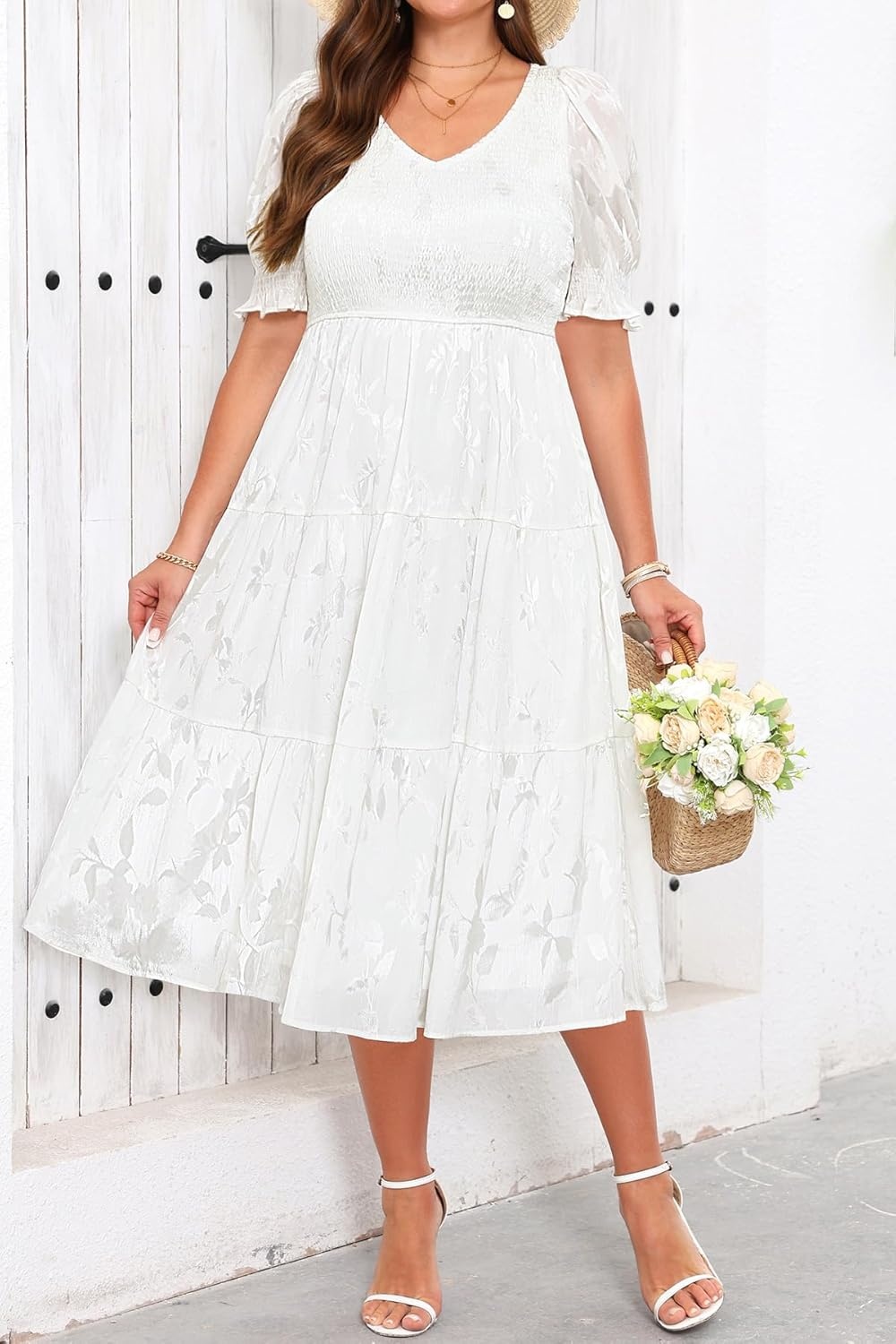 Plus Size Wedding Guest Dress – V Neck Floral Smocked Puff Sleeve Summer Fall A Line Tiered Flowy Midi Dresses 2025(White)