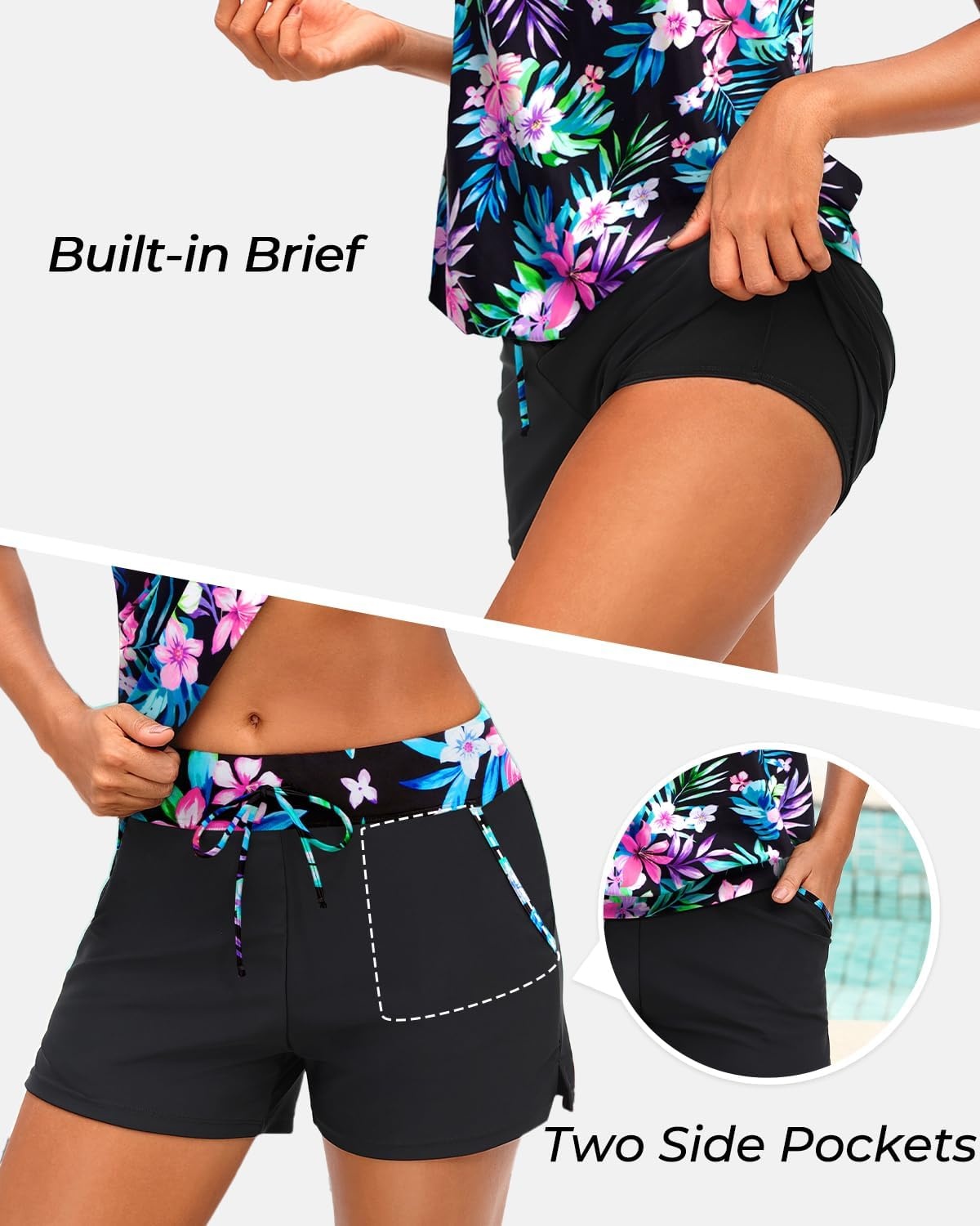Talisea Womens Tankini Swimsuits with Shorts – 2 Piece Bathing Suits with Pocket Boyshorts Blouson Tummy Control Swimwear(Colorful Floral)