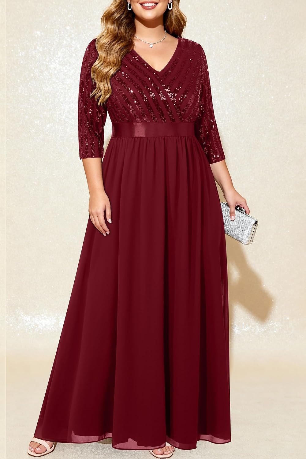 Plus Size Formal Dresses V Neck 3/4 Sleeve Sequin Prom Evening Maxi Dress(Burgundy)