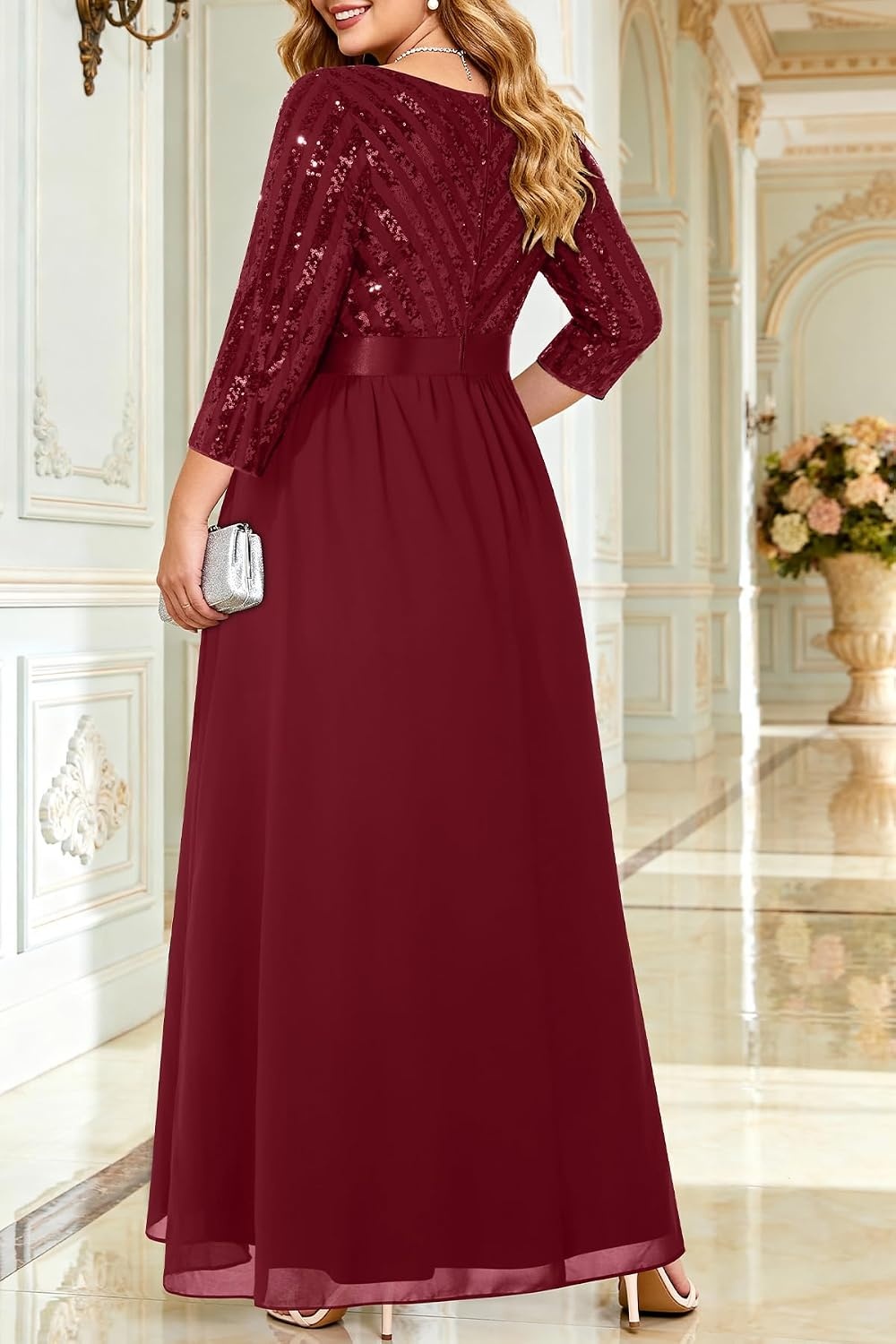 Plus Size Formal Dresses V Neck 3/4 Sleeve Sequin Prom Evening Maxi Dress(Burgundy)
