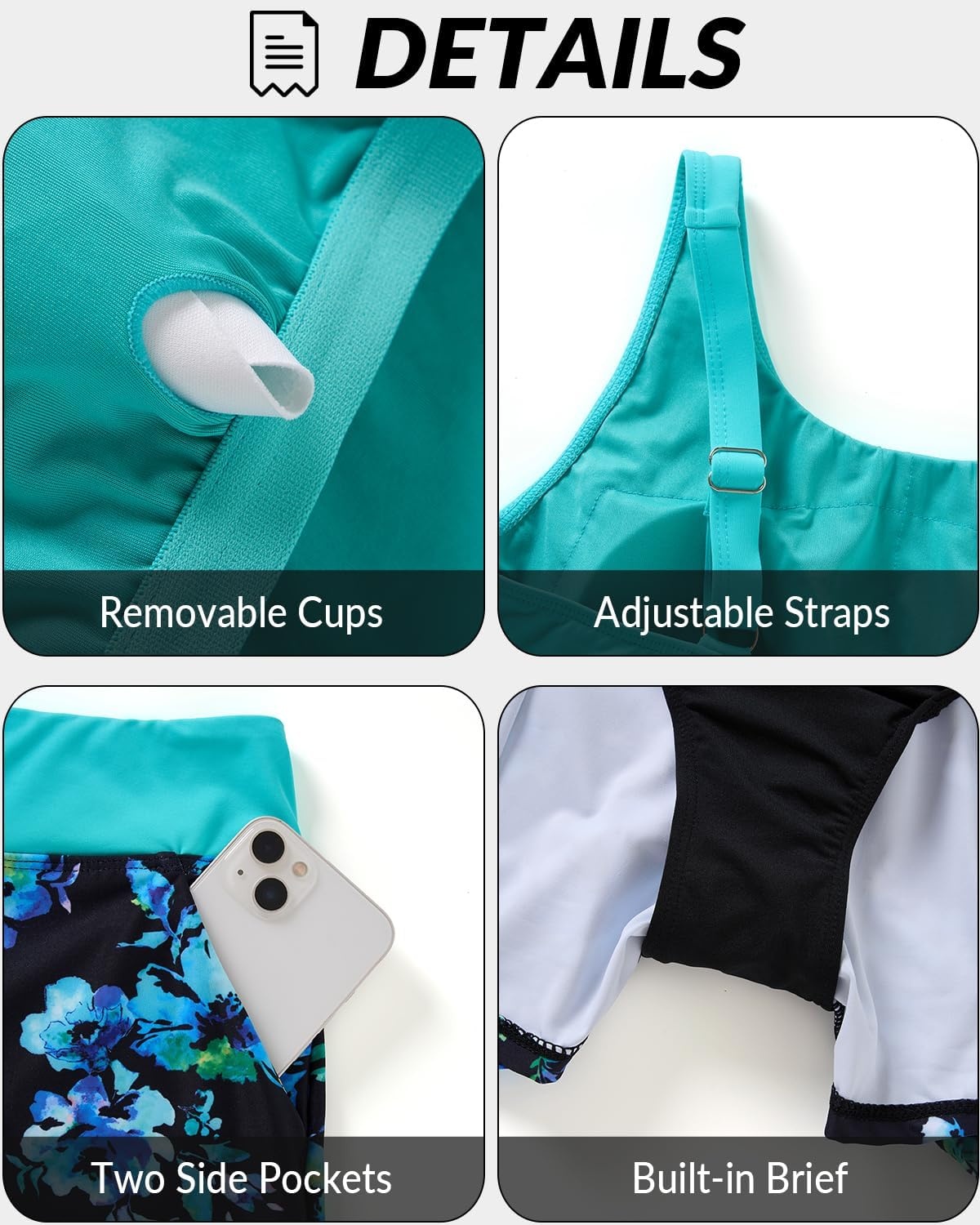 Tankini Swimsuits with Shorts – Two Piece Swimsuits Tummy Control Bathing Suits with Two Side Pockets 2025(Aqua and Blue Floral)