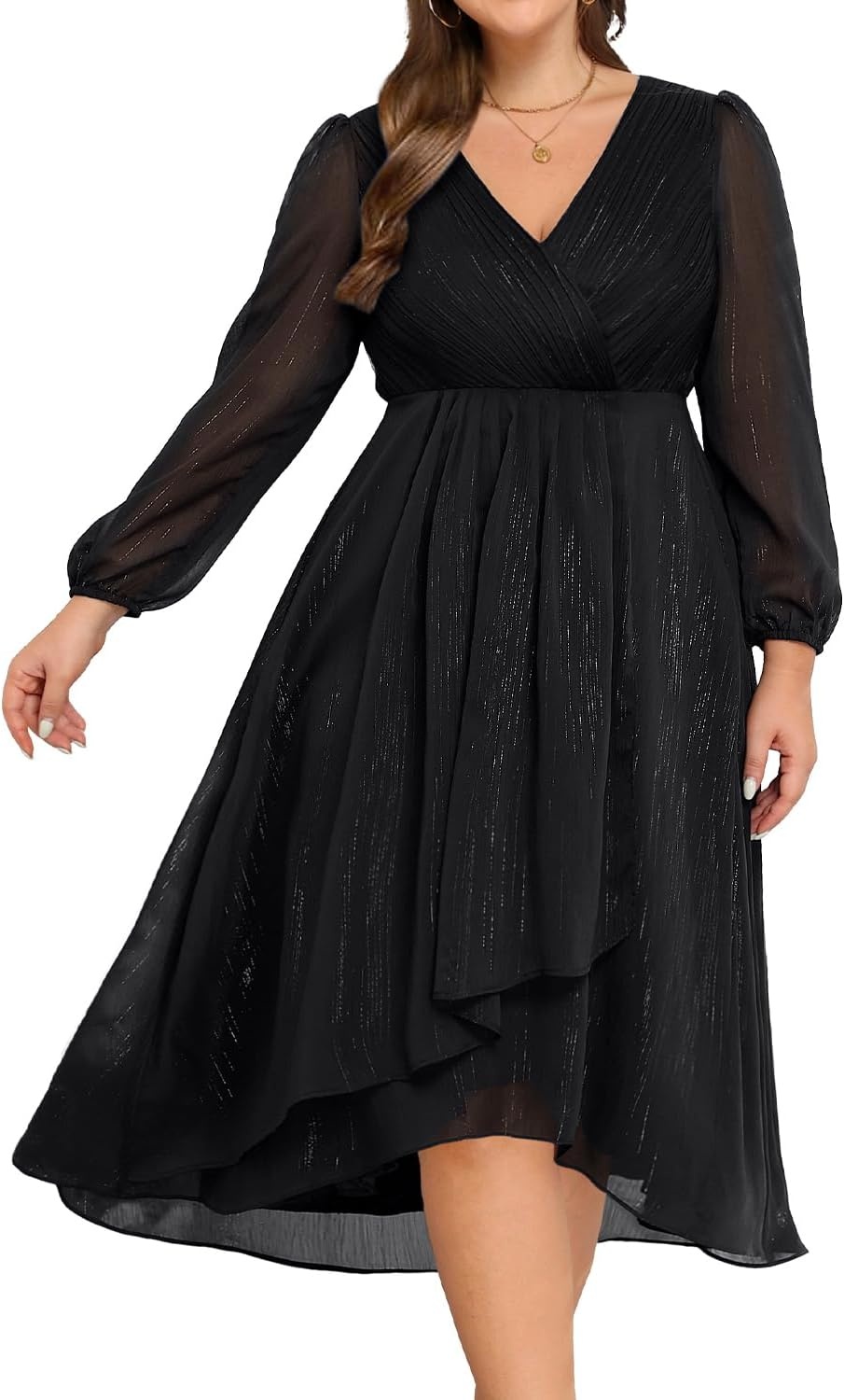 Talisea Plus Size Cocktail Dress – Formal Wedding Guest Fall Long Sleeve A Line Pleated V Neck Midi Dresses for Curvy Women(Black)