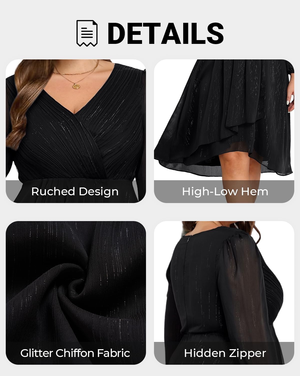 Talisea Plus Size Cocktail Dress – Formal Wedding Guest Fall Long Sleeve A Line Pleated V Neck Midi Dresses for Curvy Women(Black)