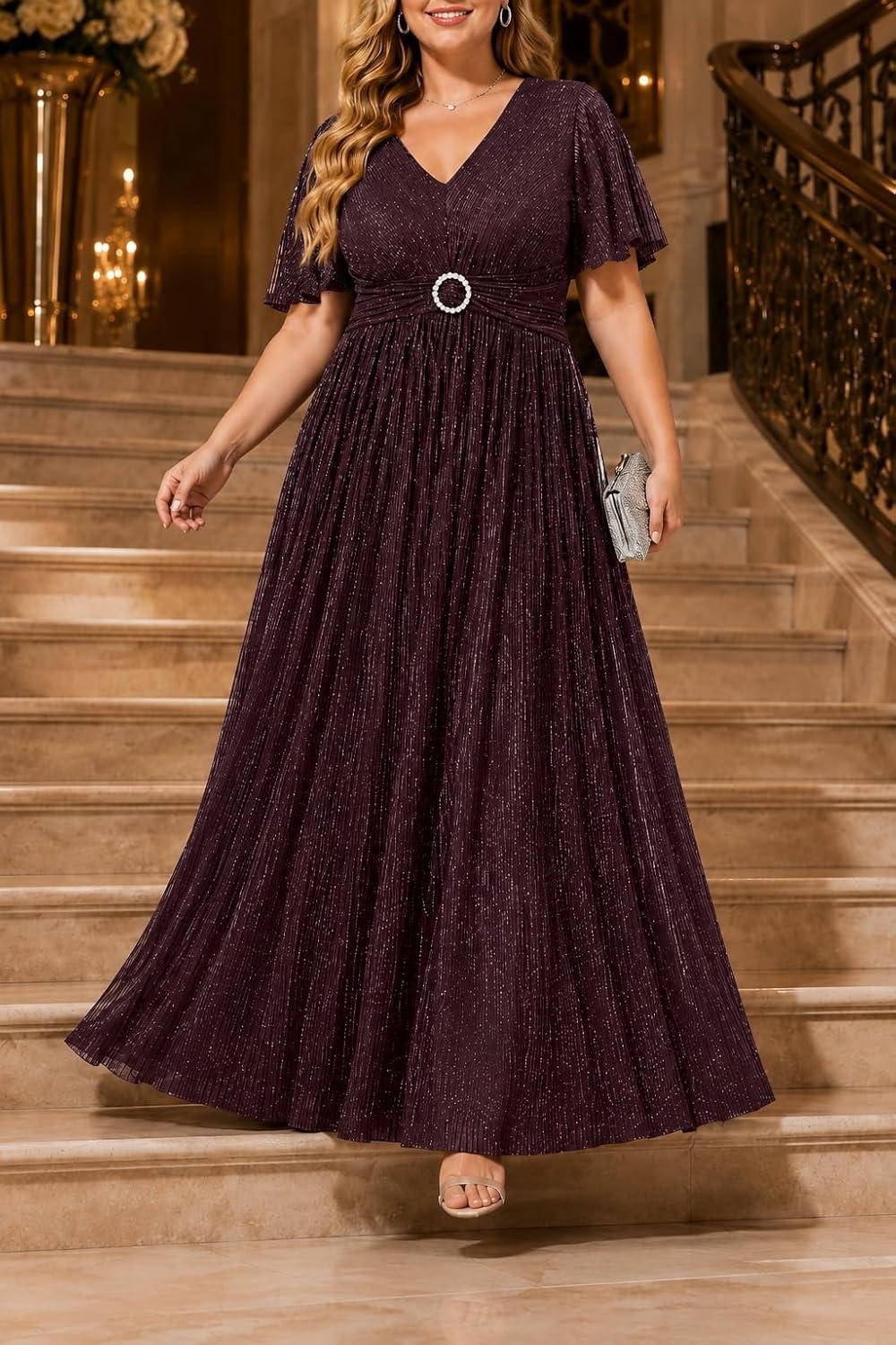 Plus Size Formal Dresses – Evening Gown Sparkly Sequin Glitter Prom Gala Ball Wedding Guest Maxi Dress with Short Sleeve(Burgundy Purple)