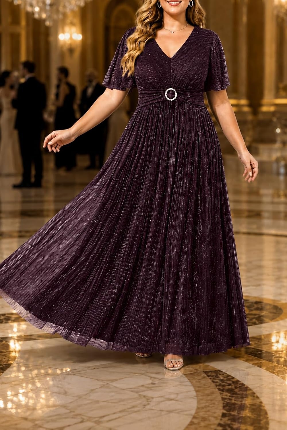 Plus Size Formal Dresses – Evening Gown Sparkly Sequin Glitter Prom Gala Ball Wedding Guest Maxi Dress with Short Sleeve(Burgundy Purple)