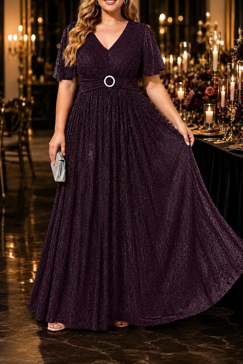 Plus Size Formal Dresses – Evening Gown Sparkly Sequin Glitter Prom Gala Ball Wedding Guest Maxi Dress with Short Sleeve(Burgundy Purple)