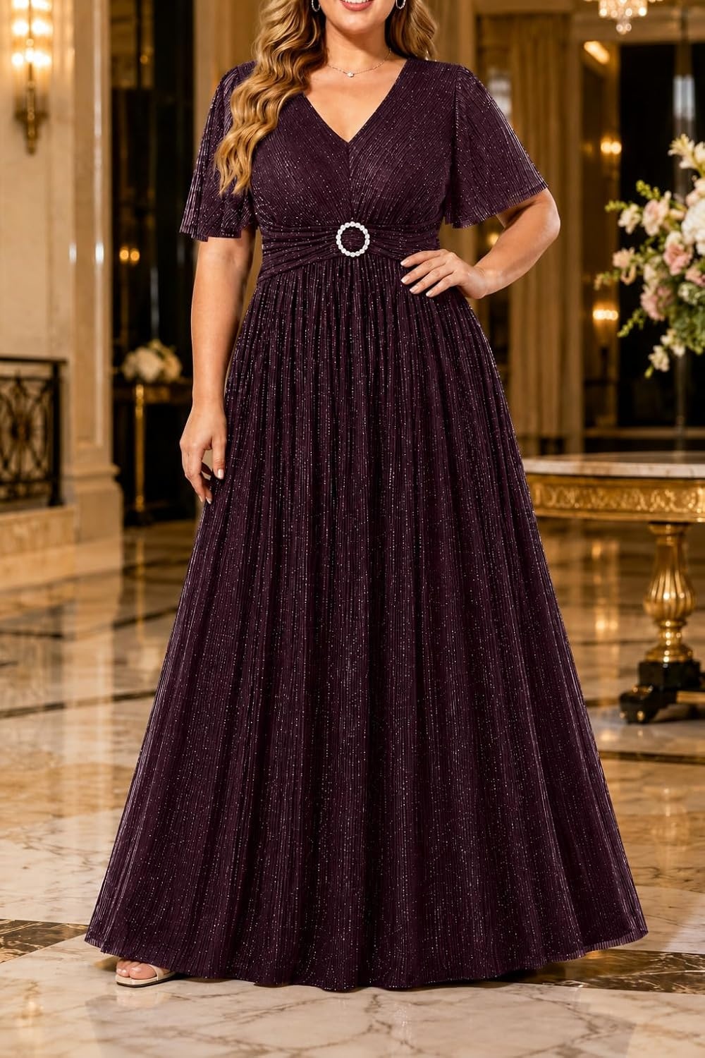 Plus Size Formal Dresses – Evening Gown Sparkly Sequin Glitter Prom Gala Ball Wedding Guest Maxi Dress with Short Sleeve(Burgundy Purple)