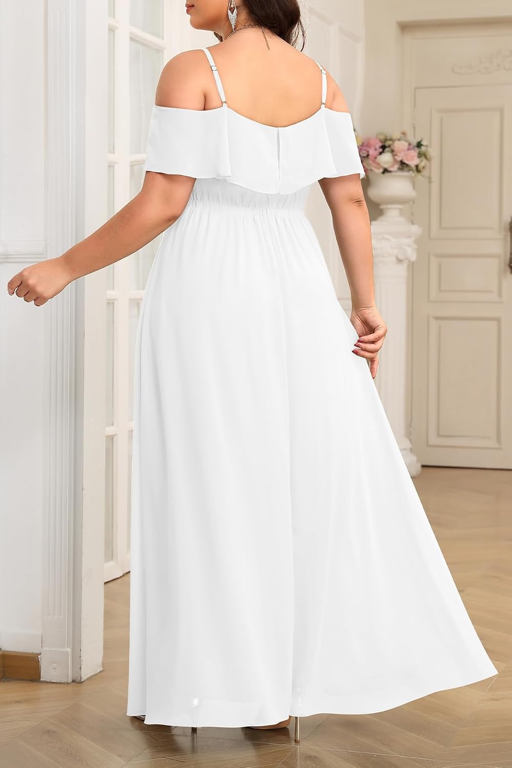 Plus Size Formal Dresses Off Shoulder Chiffon High Slit Ruffle Wedding | Off Shoulder / Chiffon / High Slit Ruffle / Elegant Formal Dress / Wedding Guest Bridesmaid Prom Evening Party(White)