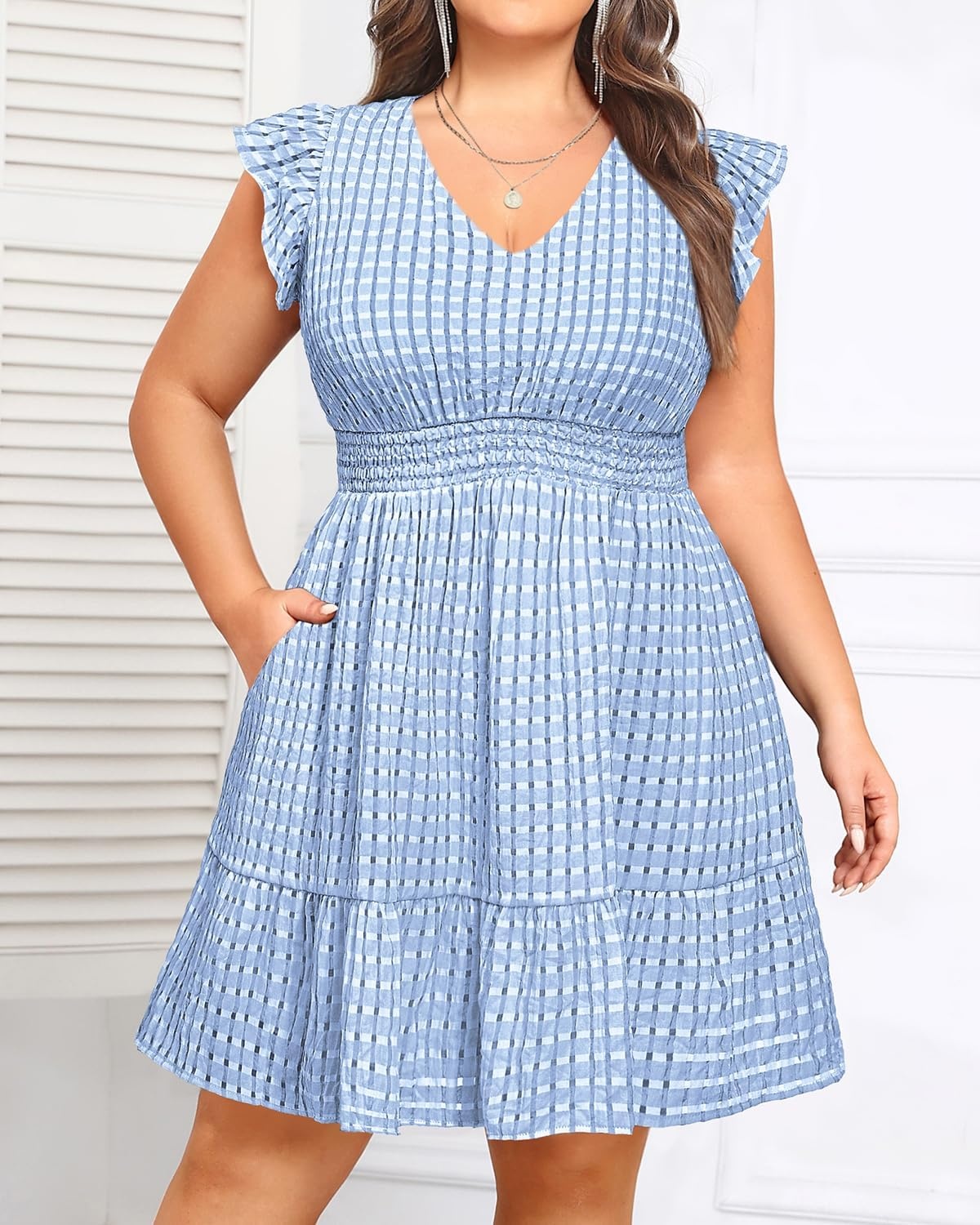 Talisea Women’s Plus Size Summer Dress – Casual V-Neck Flutter Sleeves A-Line Short Sun Dress with Pockets for Beach Vacation(Blue)