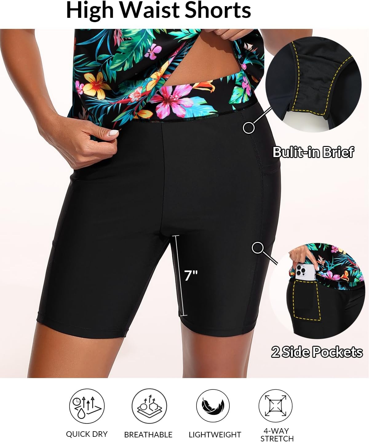 Blouson Tankini with Shorts – 7″ Boy-Leg Two Piece Swimsuit with Pockets | 7″ shorts provide full coverage. Side pockets hold your small essentials. Adjustable straps ensure a personalized fit.(Green Leaves)