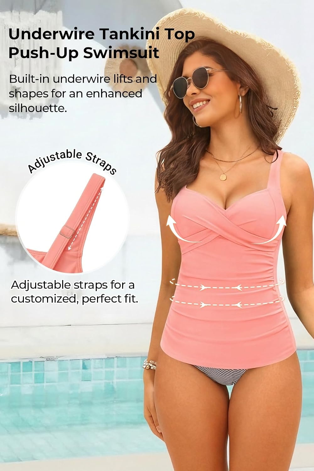 Women’s Underwire Tankini Top Only – Tummy Control Bathing Suit Top No Bottom 2025(Coral Pink)