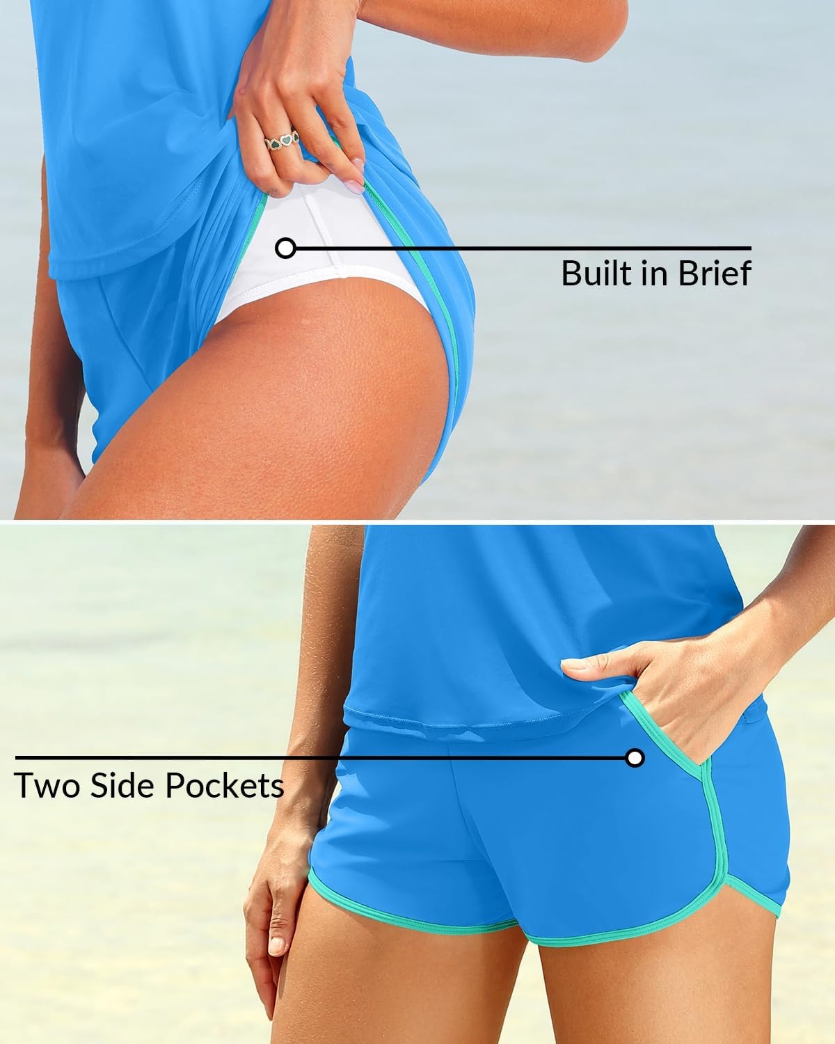 Talisea Women 2 Piece Tankini Swimsuit with Pockets Boy Shorts Modest Bathing Suit Tummy Control Tank Top(Blue Green)