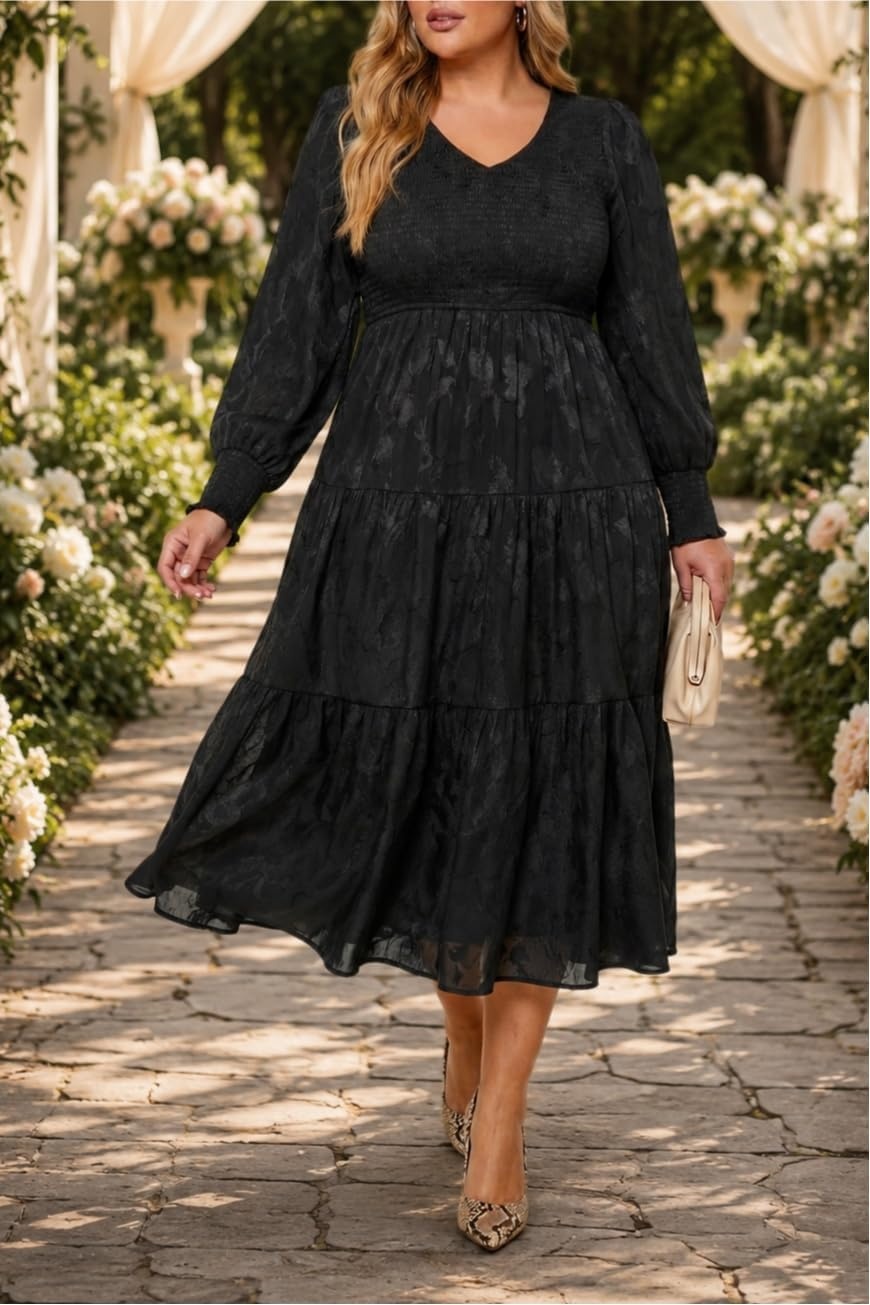 Talisea Plus Size V Neck Smocked Puff Sleeve Tiered Midi Dress(Black)