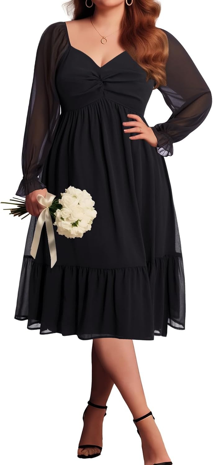 Plus Size Wedding Guest Dress Chiffon Sweetheart A Line Midi Dresses Women | Plus Size Cocktail Wedding Guest Dress Women Fall Semi Formal Dresses for Special Occasions Flowy Chiffon A Line Midi Dress(Black)