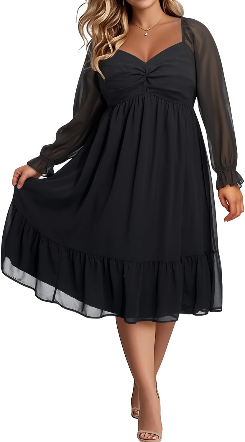 Plus Size Wedding Guest Dress Chiffon Sweetheart A Line Midi Dresses Women | Plus Size Cocktail Wedding Guest Dress Women Fall Semi Formal Dresses for Special Occasions Flowy Chiffon A Line Midi Dress(Black)