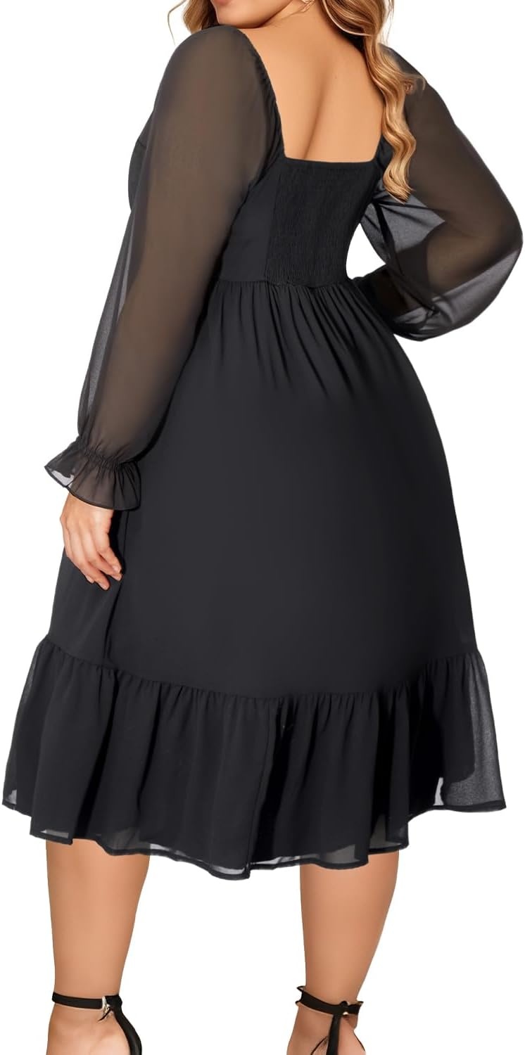 Plus Size Wedding Guest Dress Chiffon Sweetheart A Line Midi Dresses Women | Plus Size Cocktail Wedding Guest Dress Women Fall Semi Formal Dresses for Special Occasions Flowy Chiffon A Line Midi Dress(Black)