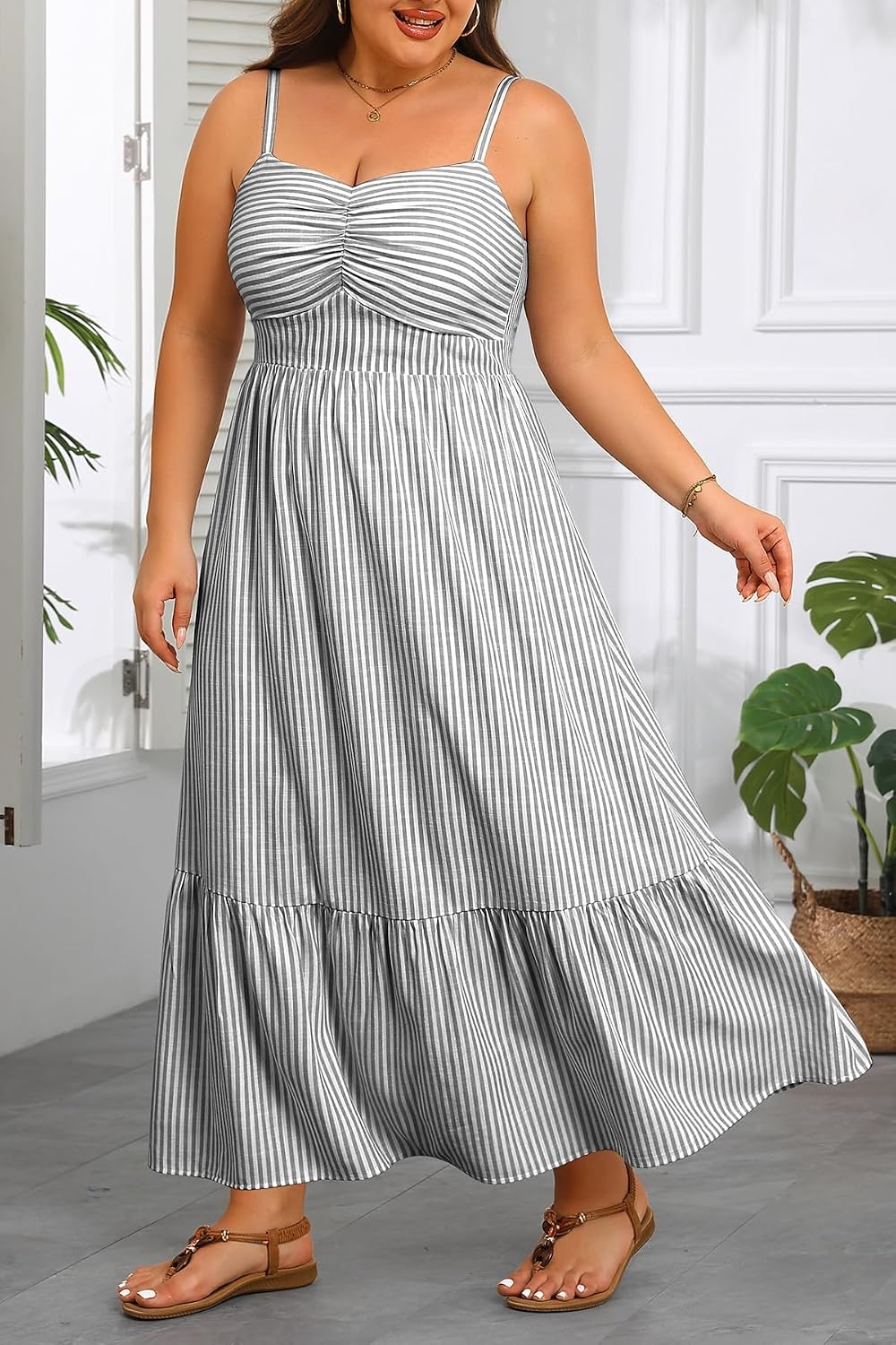Plus Size Maxi Dress Summer Casual Striped Spaghetti Strap Long Sundress | Plus Size Summer Maxi Dresses Curvy Women Casual Striped Spaghetti Strap Long Dress Flowy Sleeveless Beach Vacation Sundress(Black and White)