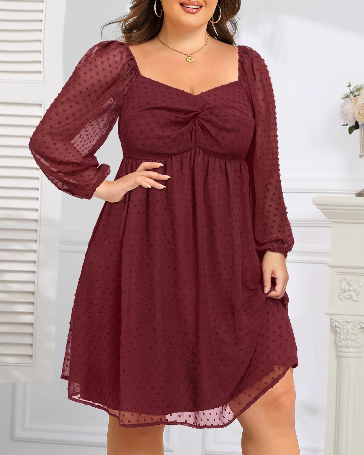 Talisea Plus Size Dresses Sweetheart Neckline Long Sleeves Chiffon Party Cocktail A Line Curvy Womens Midi Dress(Burgundy Long Sleeve)