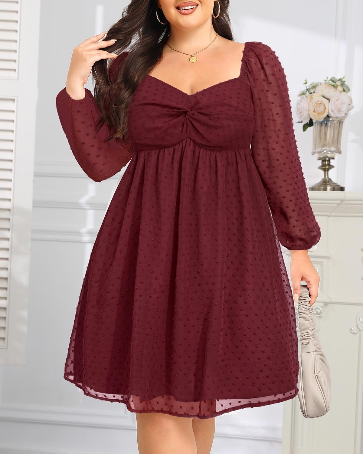 Talisea Plus Size Dresses Sweetheart Neckline Long Sleeves Chiffon Party Cocktail A Line Curvy Womens Midi Dress(Burgundy Long Sleeve)
