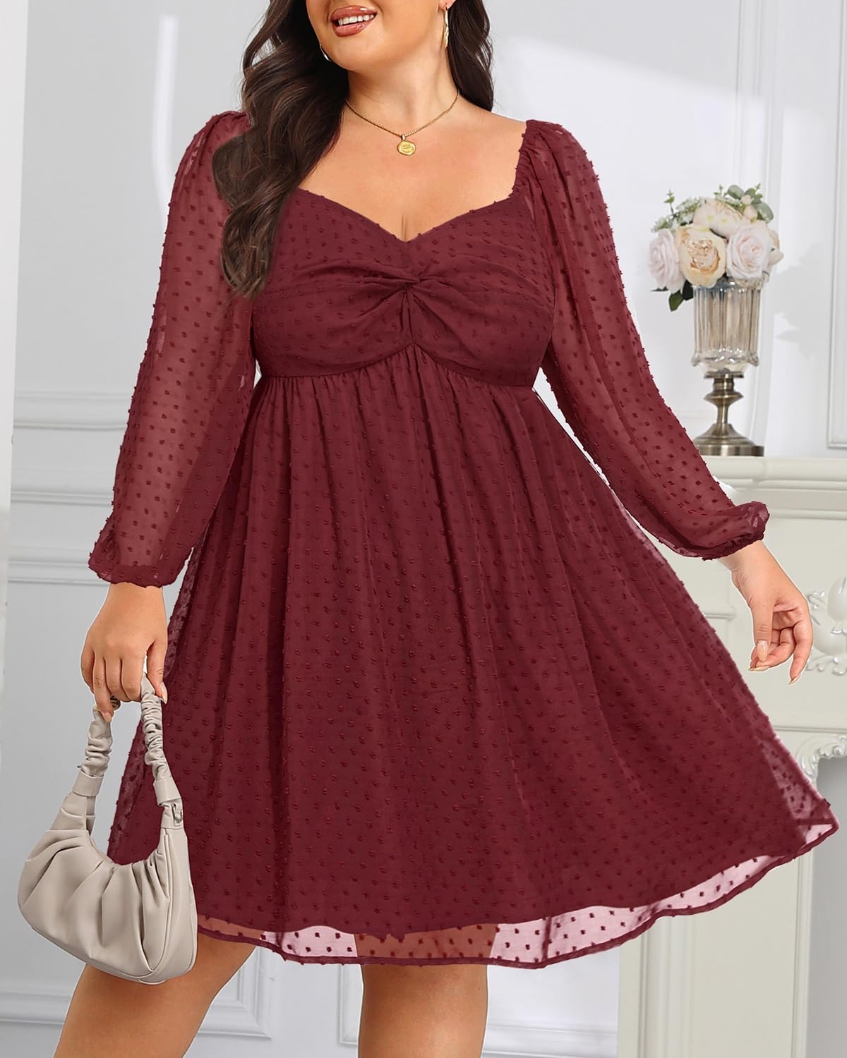 Talisea Plus Size Dresses Sweetheart Neckline Long Sleeves Chiffon Party Cocktail A Line Curvy Womens Midi Dress(Burgundy Long Sleeve)