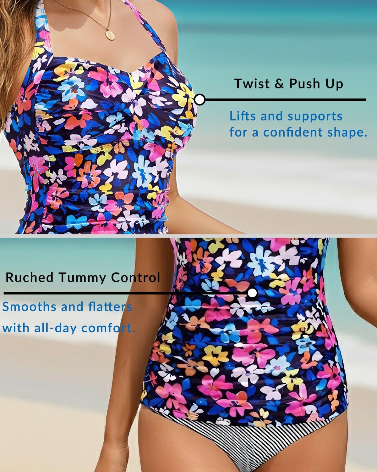 Women Tankini Bathing Suit Top – Halter Swim Tops Only Tummy Control No Bottom Swimwear(Colorful Floral)