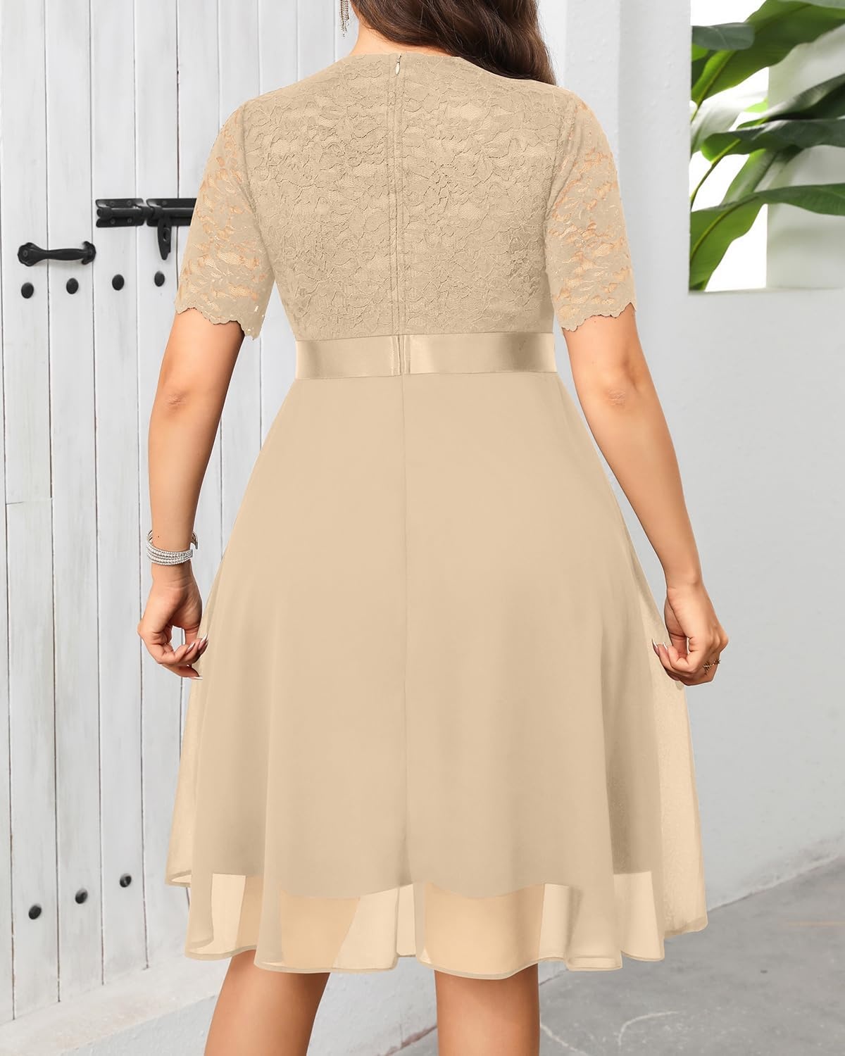 Talisea Plus Size Wedding Guest Dress – Formal Cocktail Party Ruffle Elegant Tea Length Lace Chiffon V Neck Midi Dresses(Champagne)