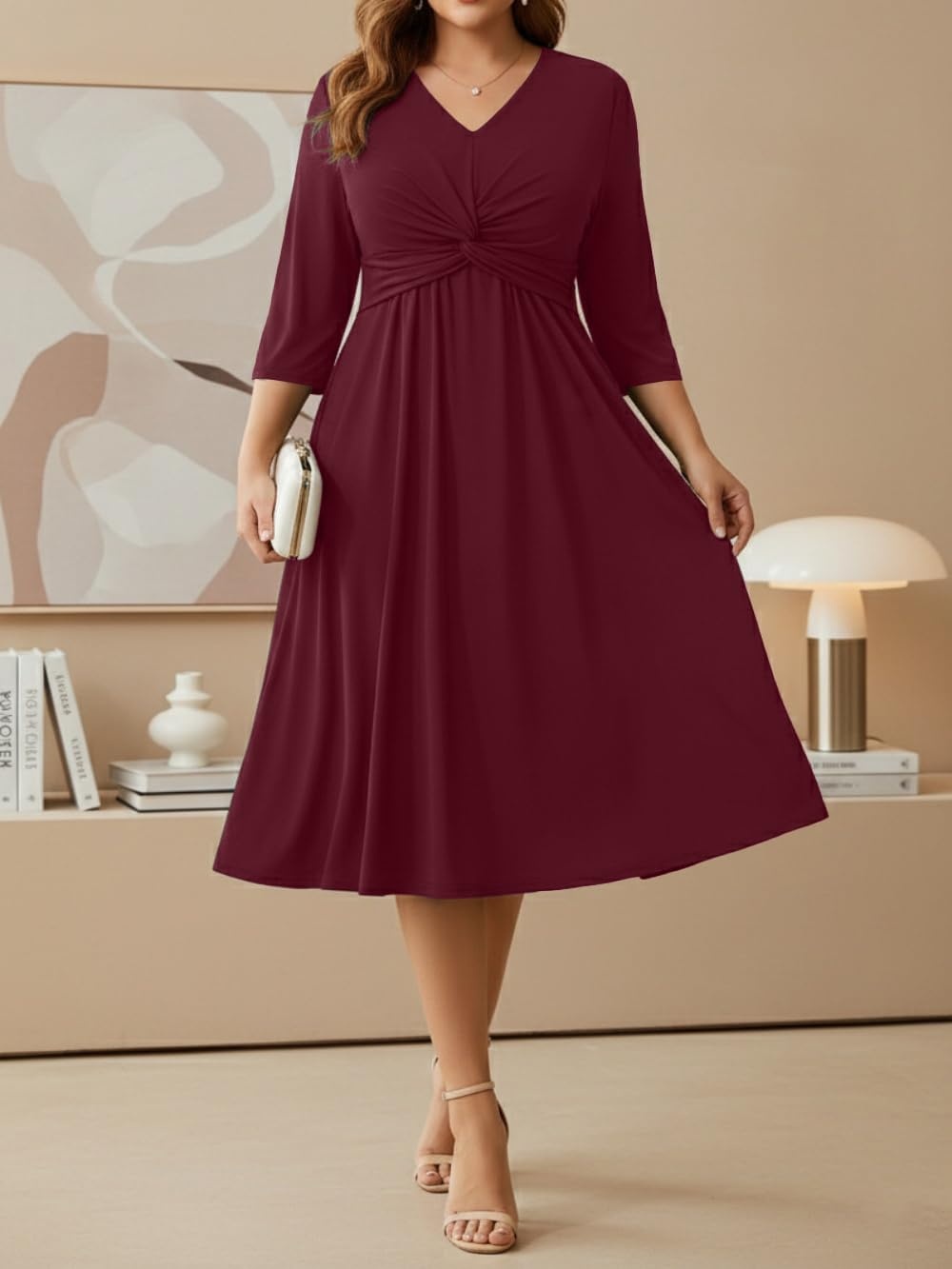 Talisea Plus Size Dress for Women Twist Knot V Neck 3/4 Sleeves A Line Wedding Guest Midi Dresses(Burgundy)