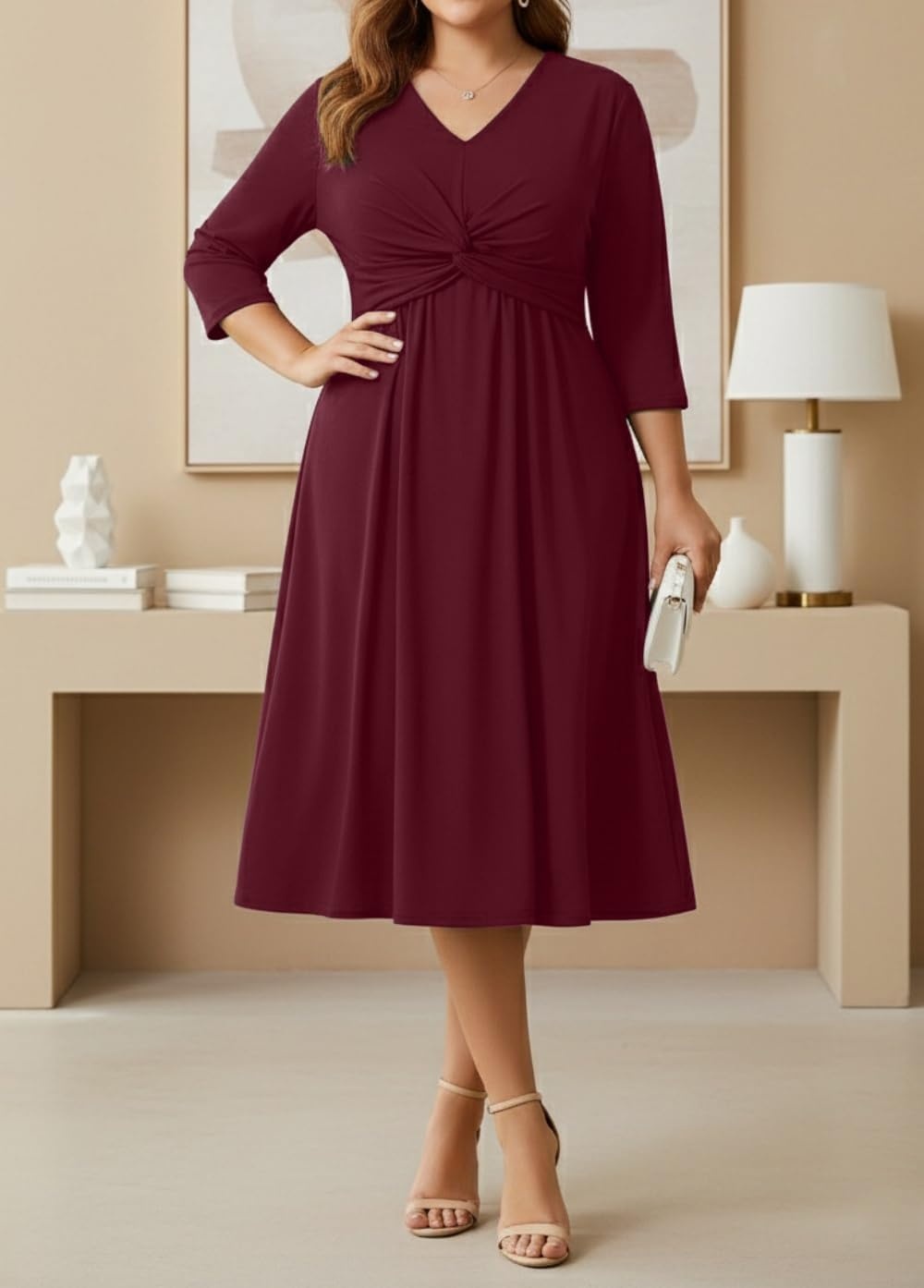 Talisea Plus Size Dress for Women Twist Knot V Neck 3/4 Sleeves A Line Wedding Guest Midi Dresses(Burgundy)