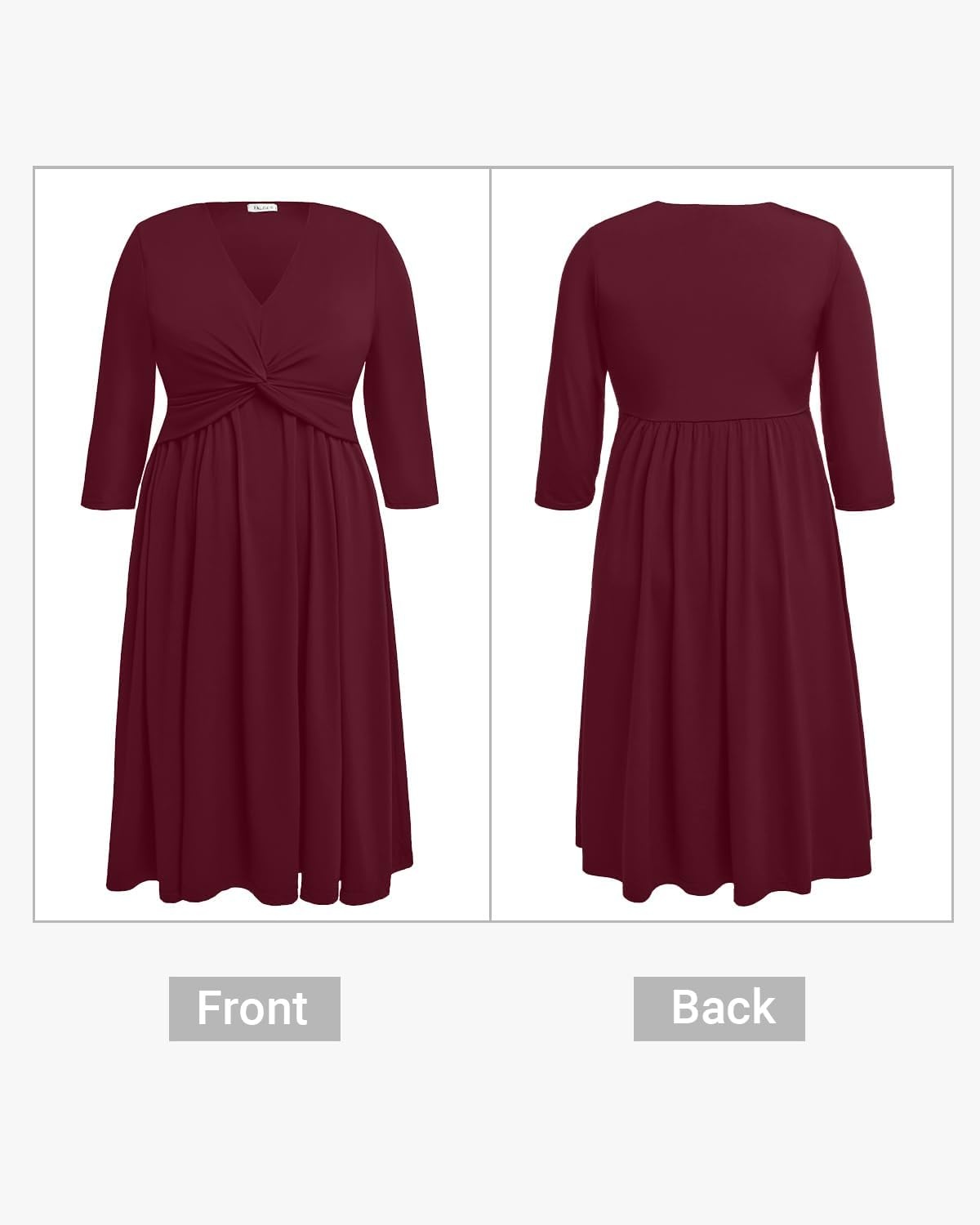 Talisea Plus Size Dress for Women Twist Knot V Neck 3/4 Sleeves A Line Wedding Guest Midi Dresses(Burgundy)