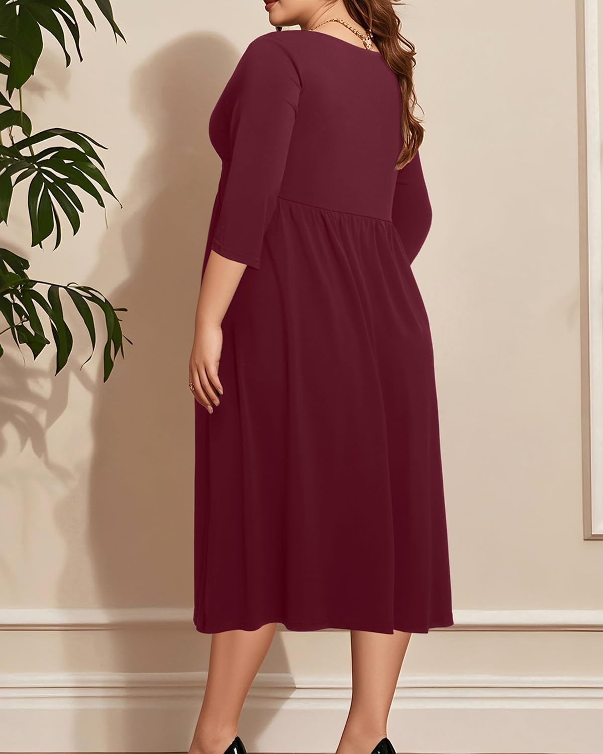Talisea Plus Size Dress for Women Twist Knot V Neck 3/4 Sleeves A Line Wedding Guest Midi Dresses(Burgundy)