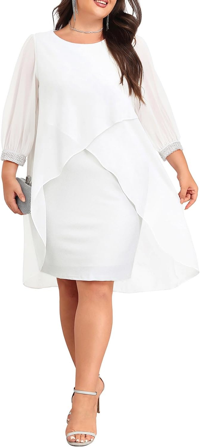 Talisea Plus Size Wedding Guest Dress – Glitter Cape Sleeve Cocktail Dress | Elegant chiffon cape 3/4 sleeves glitter evening party cocktail dress, formal church style for curvy wedding guests.(White)