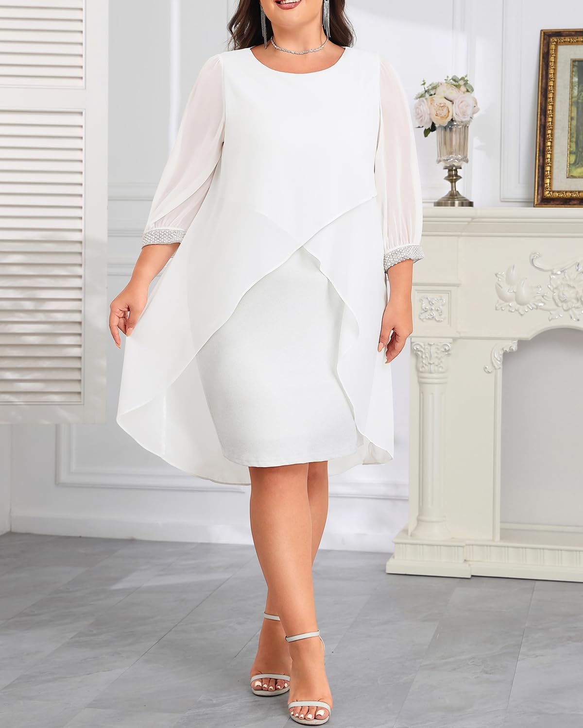 Talisea Plus Size Wedding Guest Dress – Glitter Cape Sleeve Cocktail Dress | Elegant chiffon cape 3/4 sleeves glitter evening party cocktail dress, formal church style for curvy wedding guests.(White)