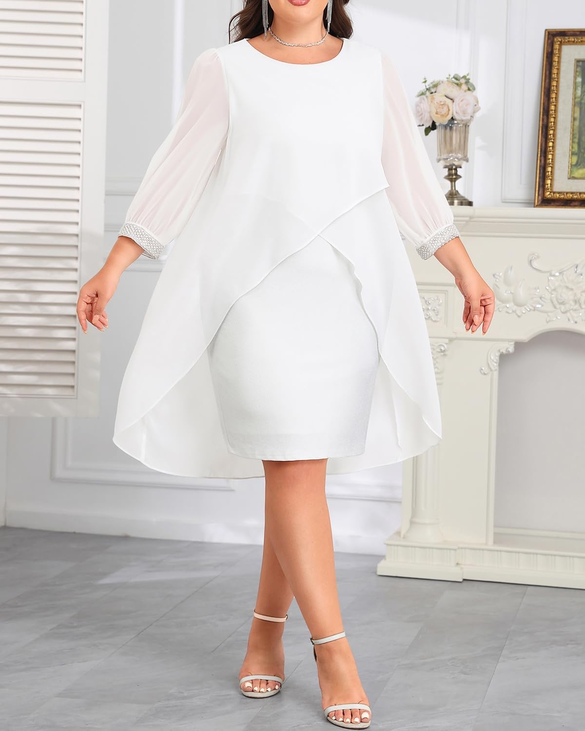 Talisea Plus Size Wedding Guest Dress – Glitter Cape Sleeve Cocktail Dress | Elegant chiffon cape 3/4 sleeves glitter evening party cocktail dress, formal church style for curvy wedding guests.(White)