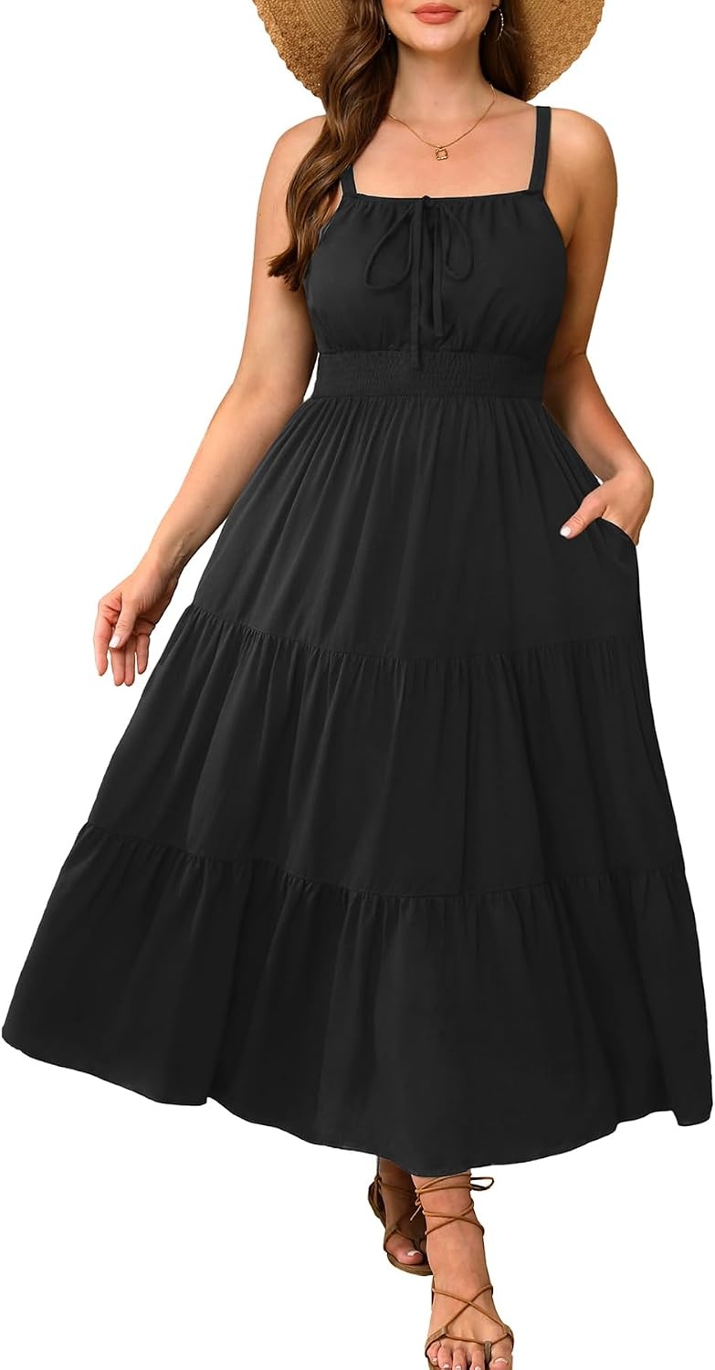 Talisea Plus Size Summer Dress – Boho Spaghetti Strap Maxi Dress Women(Black)