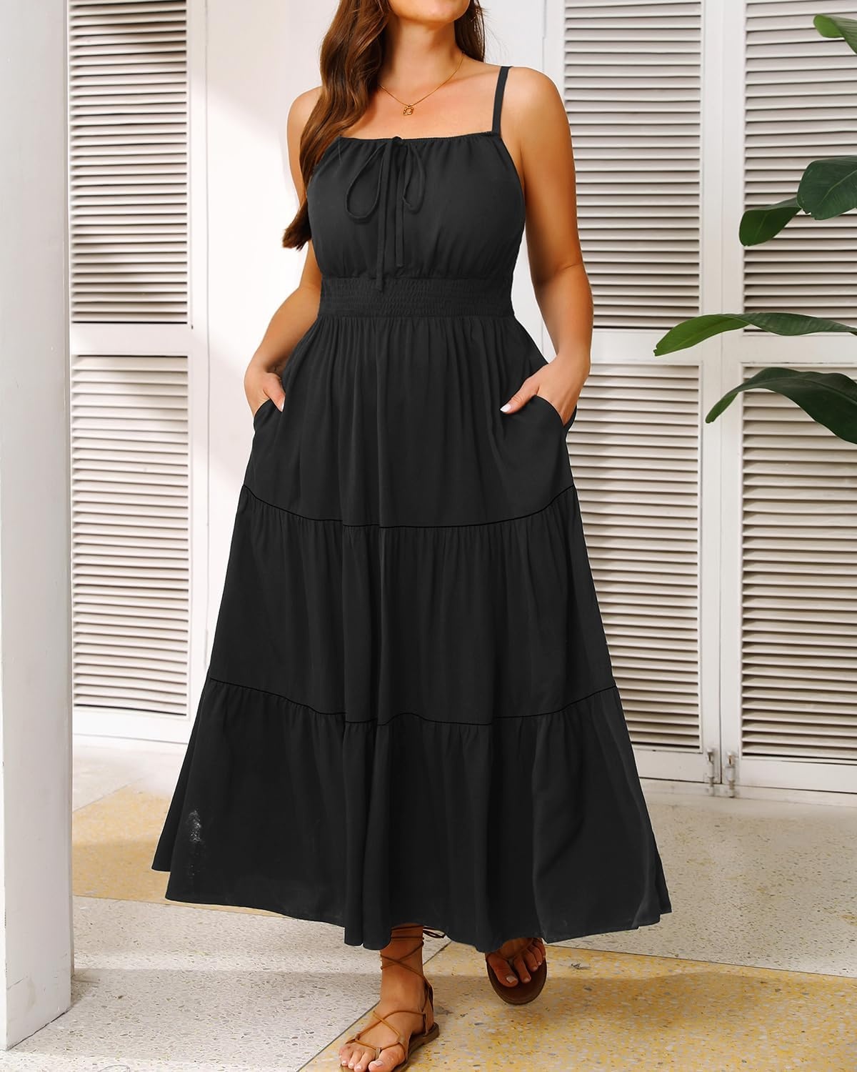Talisea Plus Size Summer Dress – Boho Spaghetti Strap Maxi Dress Women(Black)